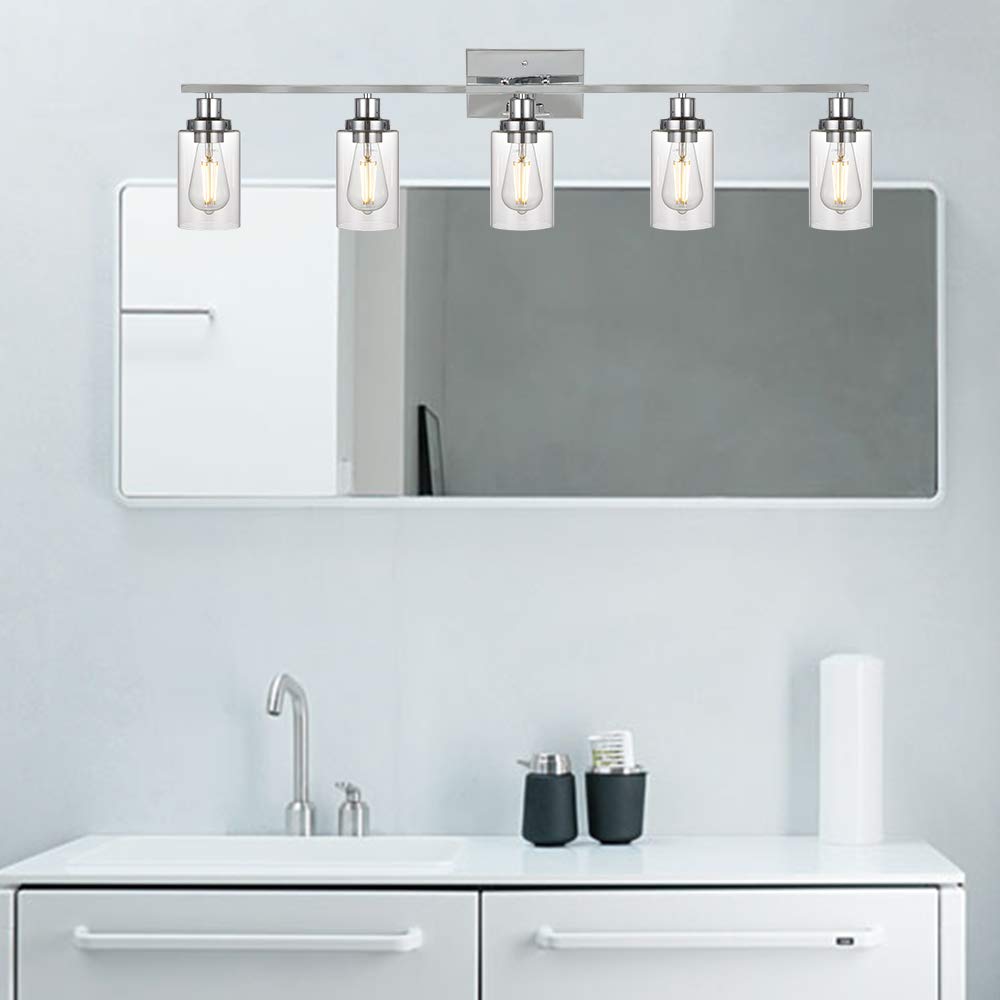 MELUCEE Modern 5-Light Bathroom Vanity Lighting Set - Chrome Finish with Clear Glass Shade, Contemporary Wall Mounted Mirror Lights for Dressing Table & Cabinet - Perfect for Bathroom Makeup Area, Spa Style Decor (Patent: US D963914 S)