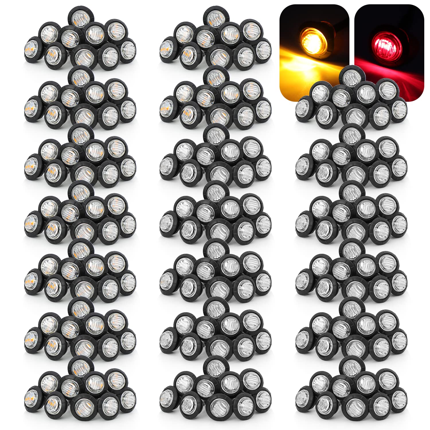 MADCATZ 3/4 Inch Clear Lens LED Side Marker Lights - 100 Amber & 100 Red Flush Mount for Trailer, Truck, Bus, Car - 12V DC - Durable & Bright Indicator Lights for Road Safety & Night Visibility