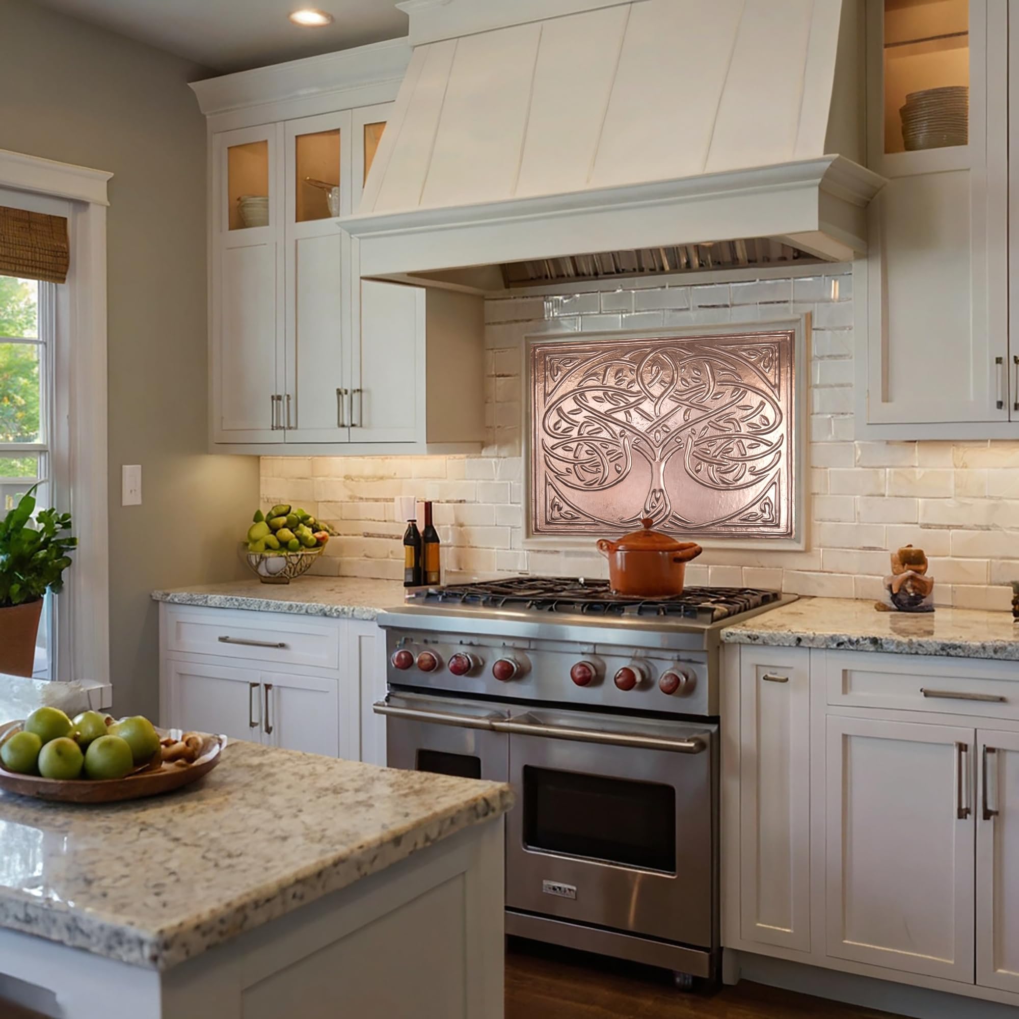 Handmade Copper Kitchen Backsplash - Celtic Tree of Life Design, Rustic Wall Decor Tile Art for Farmhouse & Modern Kitchens | Waterproof & Easy to Clean Backsplash Panel for Stove, Sink & Countertop Protection