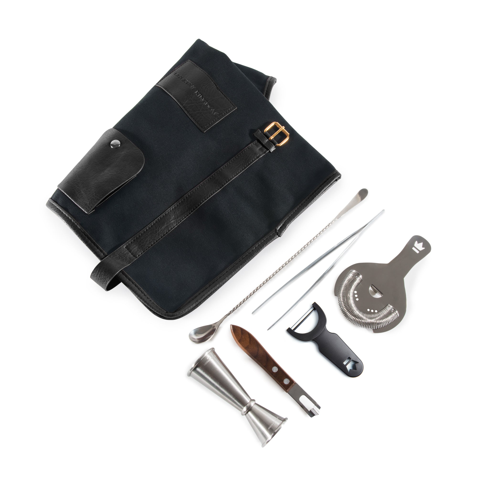Premium Black Canvas Barware Roll Up Kit - 12-Piece Portable Bartender Set for Cocktails, Parties & Outdoor Entertaining