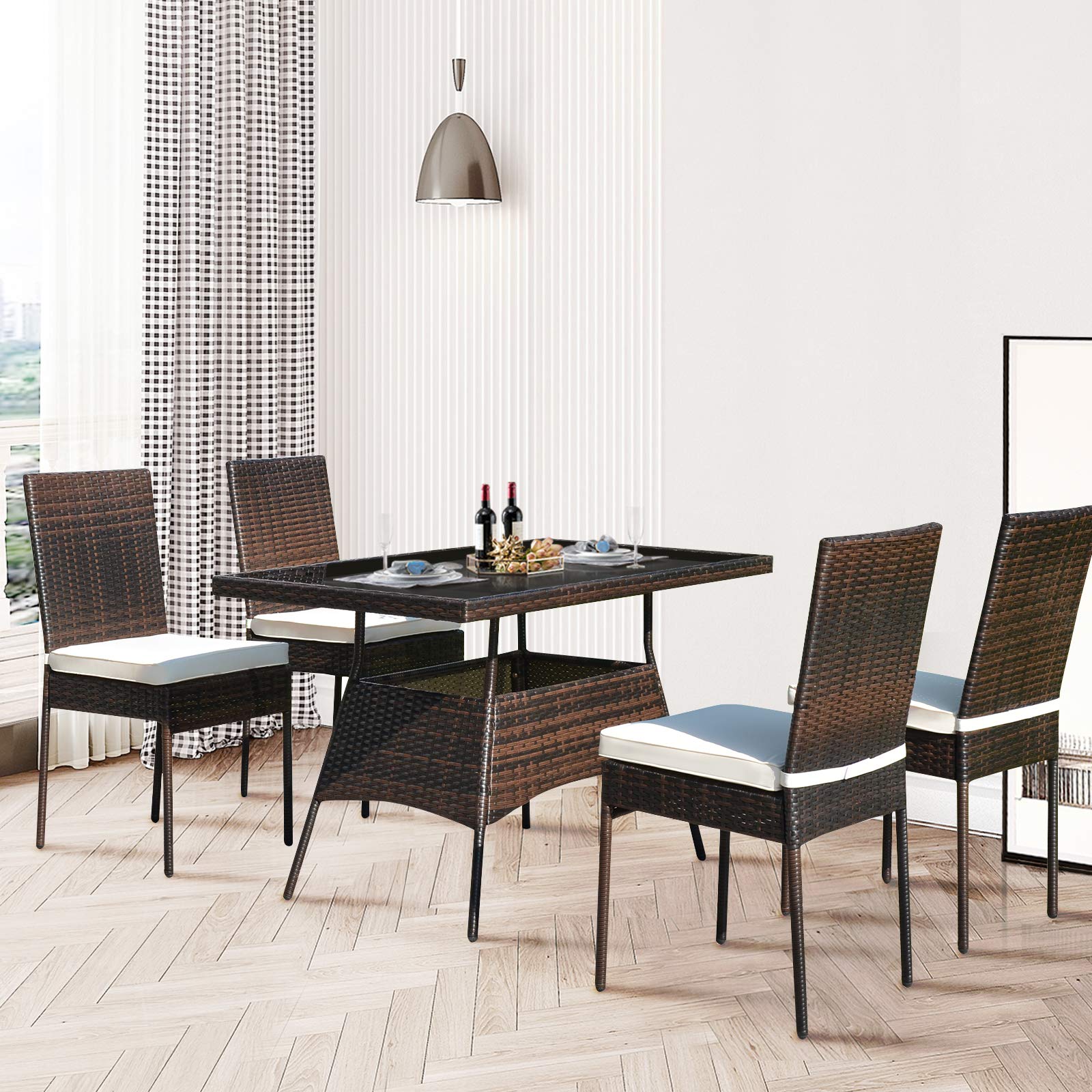 5-Piece Brown Patio Wicker Dining Set - Outdoor Rattan Table & Chairs with Tempered Glass Top & Cushions - Perfect for Backyard, Balcony, Garden & Poolside Dining