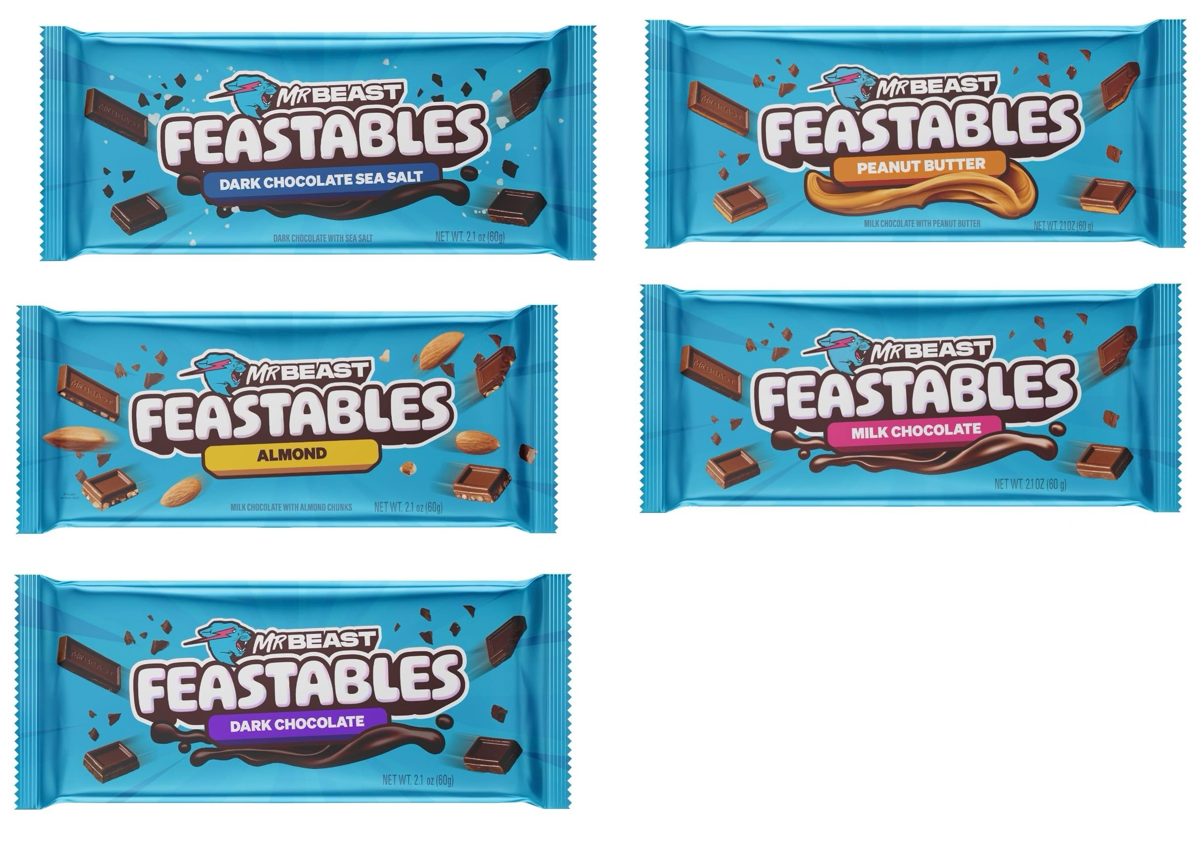 Beast Chocolate Bars Variety Pack - 5 Pack of Peanut Butter Milk Chocolate, Dark Chocolate, Milk Chocolate, Milk Crunch & Milk Chocolate Almond Bars | New Creamier Formula (2.1 oz Each) | Perfect for Gifts, Snacking & Dessert Platters