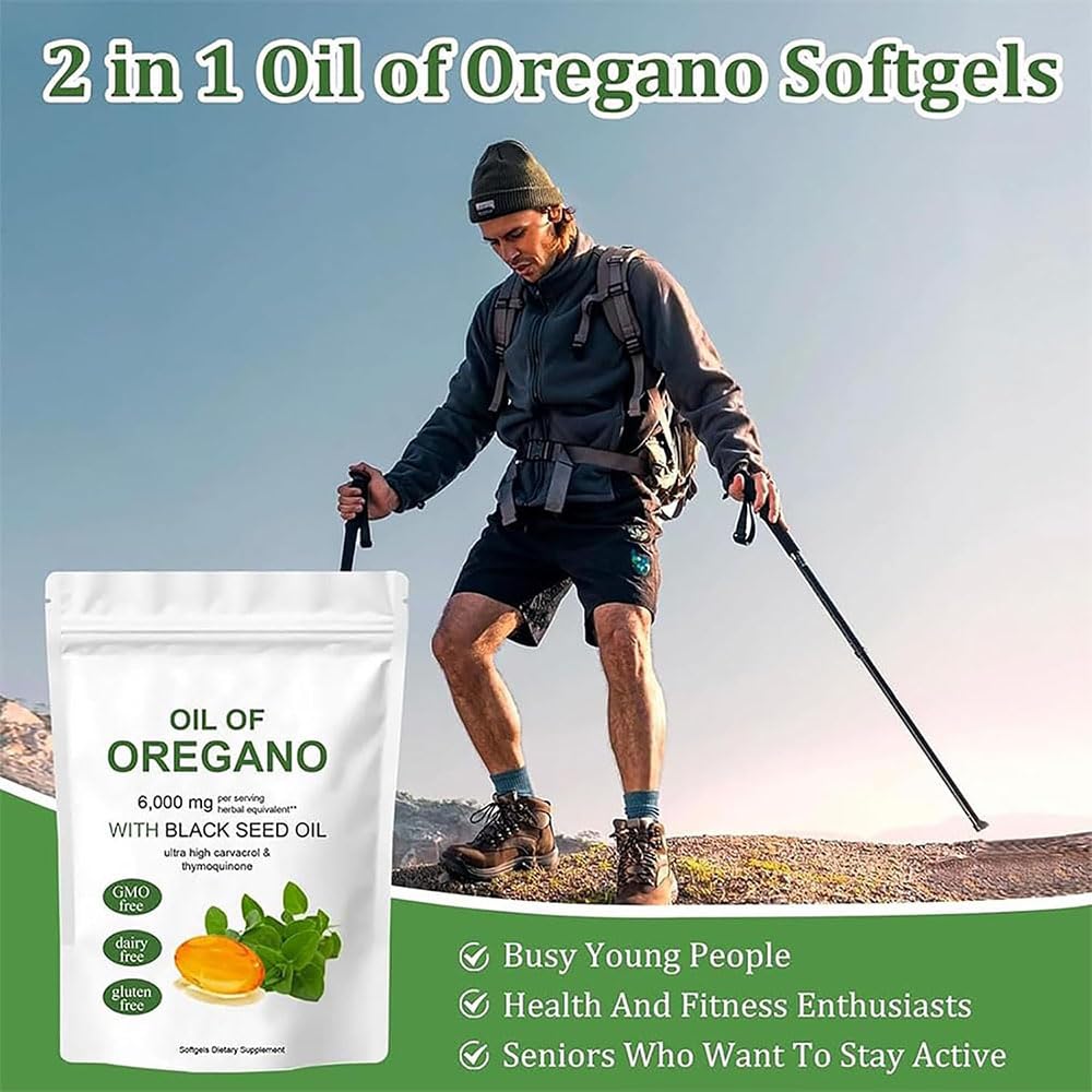 Organic Oregano Oil Softgels with Black Seed Oil - 60 Count | Immune Support & Digestive Health Supplement | for Daily Wellness & Travel Protection