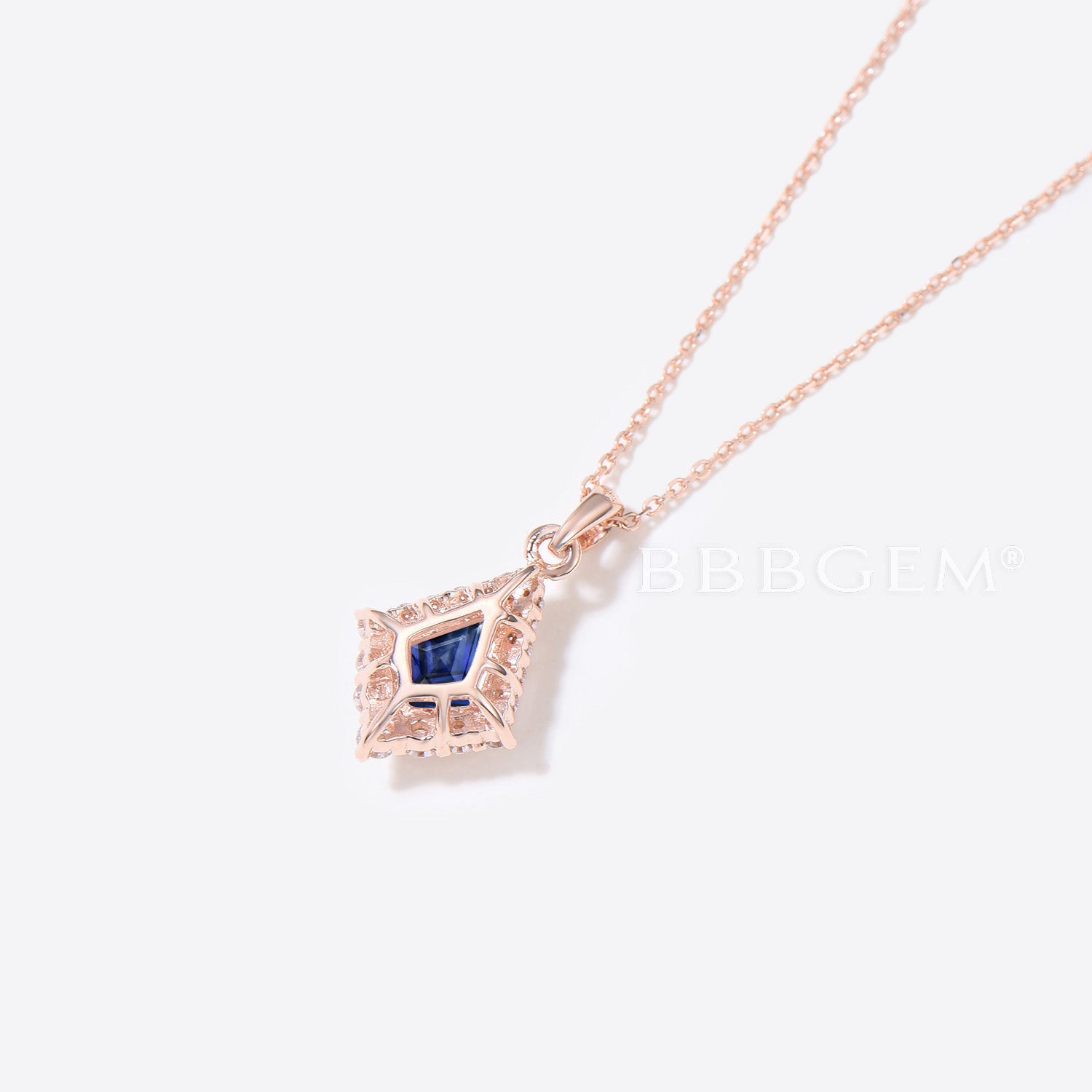 Rose Gold Kite Cut Blue Sapphire Necklace with Halo Moissanite Pendant - Elegant Jewelry Gift for Women, Perfect for Weddings, Anniversaries & Special Occasions