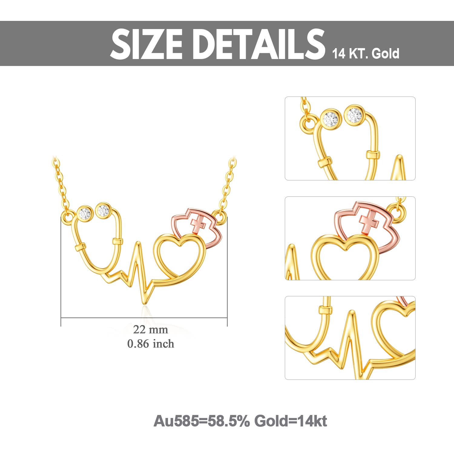 14K Real Gold Stethoscope Pendant Necklace for Women - Nurse Doctor Jewelry Gift for Medical Students & RN Nurses (16+1+1 inch) - Perfect for Graduation, Appreciation Gifts & Medical Professionals' Daily Wear