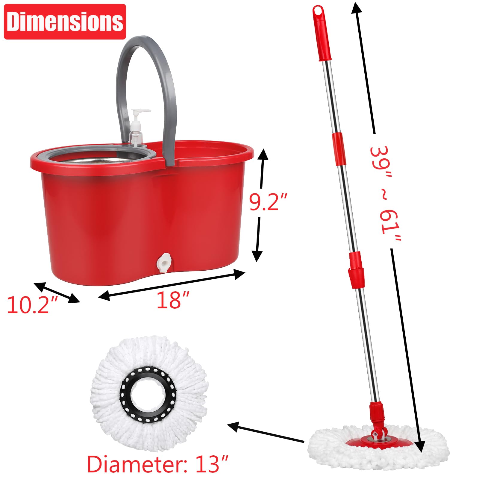 360 Spin Mop and Bucket Set with Wringer - 3 Microfiber Replacement Mop Heads for Floor Cleaning - Easy Squeeze Mop Bucket System (Red) - Perfect for Hardwood, Tile & Laminate Floors in Homes & Offices