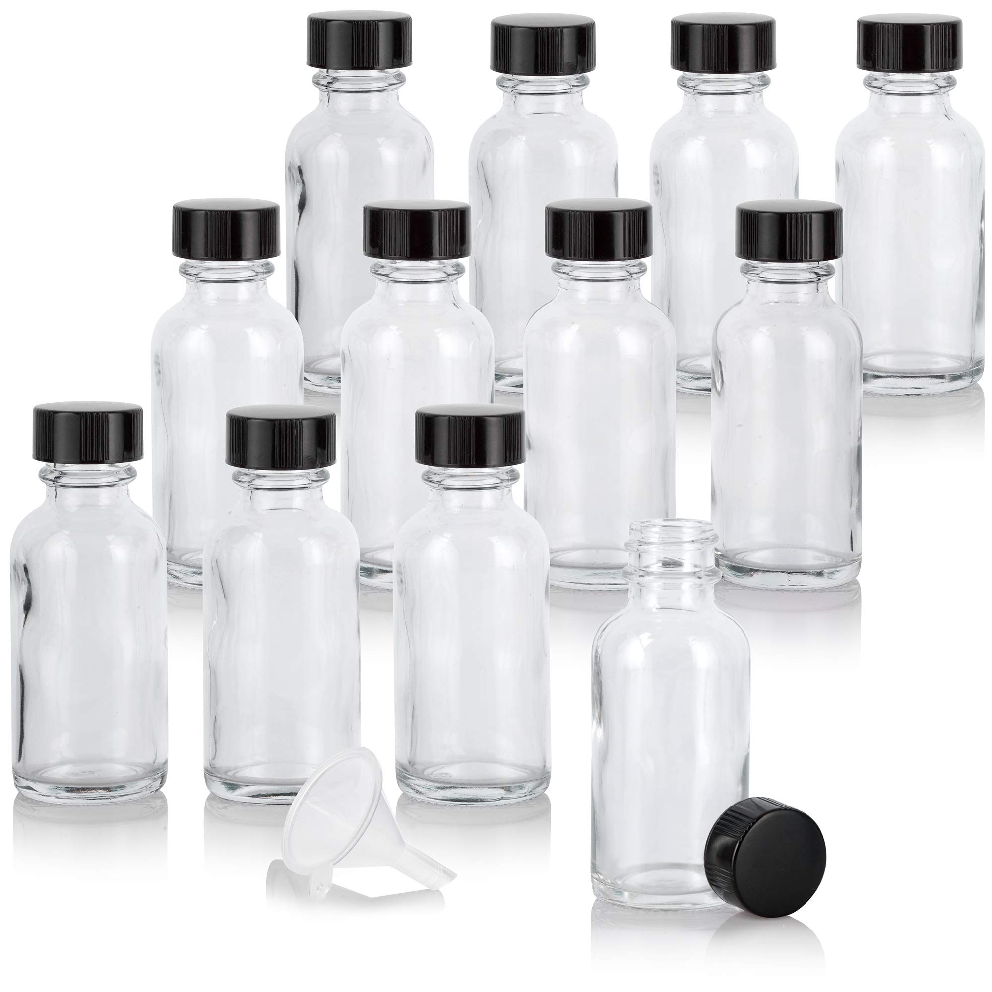 JUVITUS 1 oz / 30 ml Clear Glass Boston Round Bottles with Airtight Phenolic Caps (12 Pack) + Bonus Funnel - Perfect for Essential Oils, DIY Beauty Products, and Travel-Sized Liquids