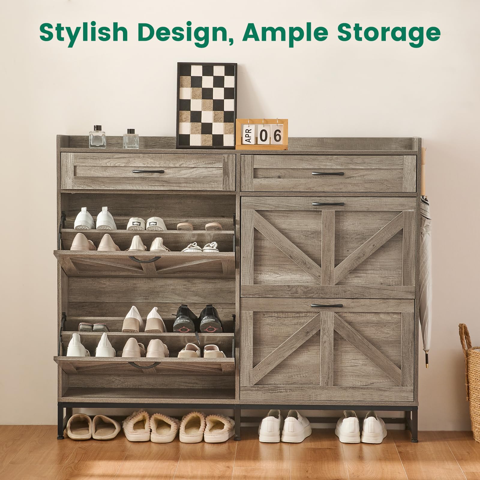 Farmhouse Shoe Cabinet with 4 Flip Drawers & 2 Storage Compartments - Free Standing Entryway Shoe Organizer with Metal Legs in Light Rustic Oak Finish | Perfect for Small Spaces, Mudrooms, and Closet Organization