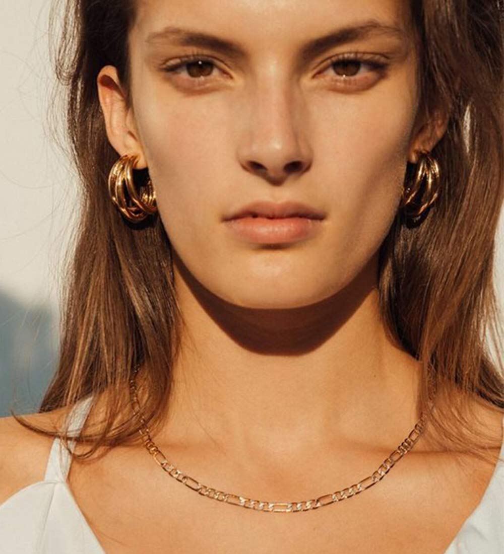 NVENF Women's Gold Chain Necklace & Earrings Set - Statement Snake Paperclip Link Choker & Twist Hoop Jewelry Gift for Birthday, Party, Wedding, Anniversary (Best Friend Gift Idea)
