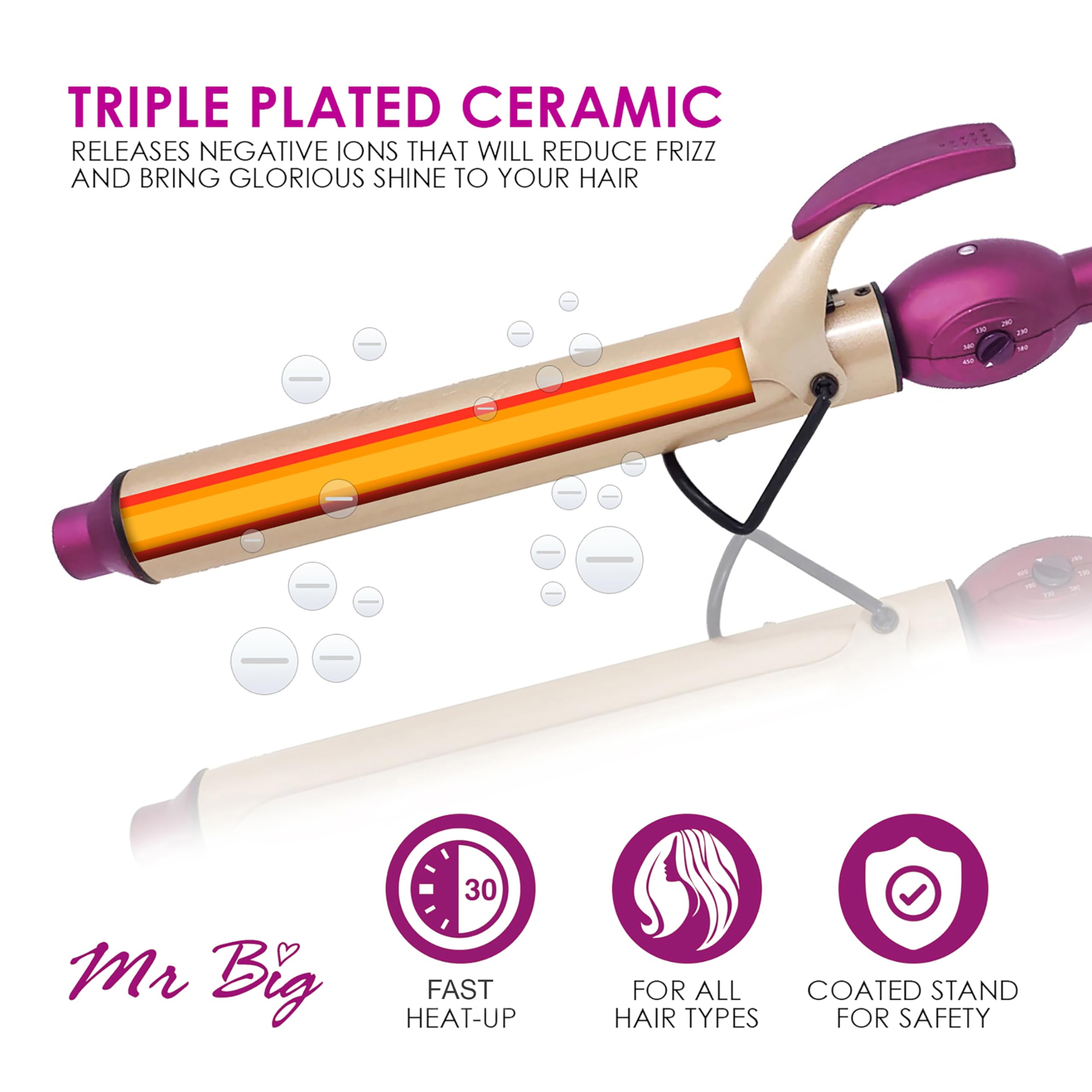 Mr Big Original Hair Curling Iron Wand - Best XL Styling Curling Iron for Long Hair, Creates Beach Waves & Loose Curls, 9.5