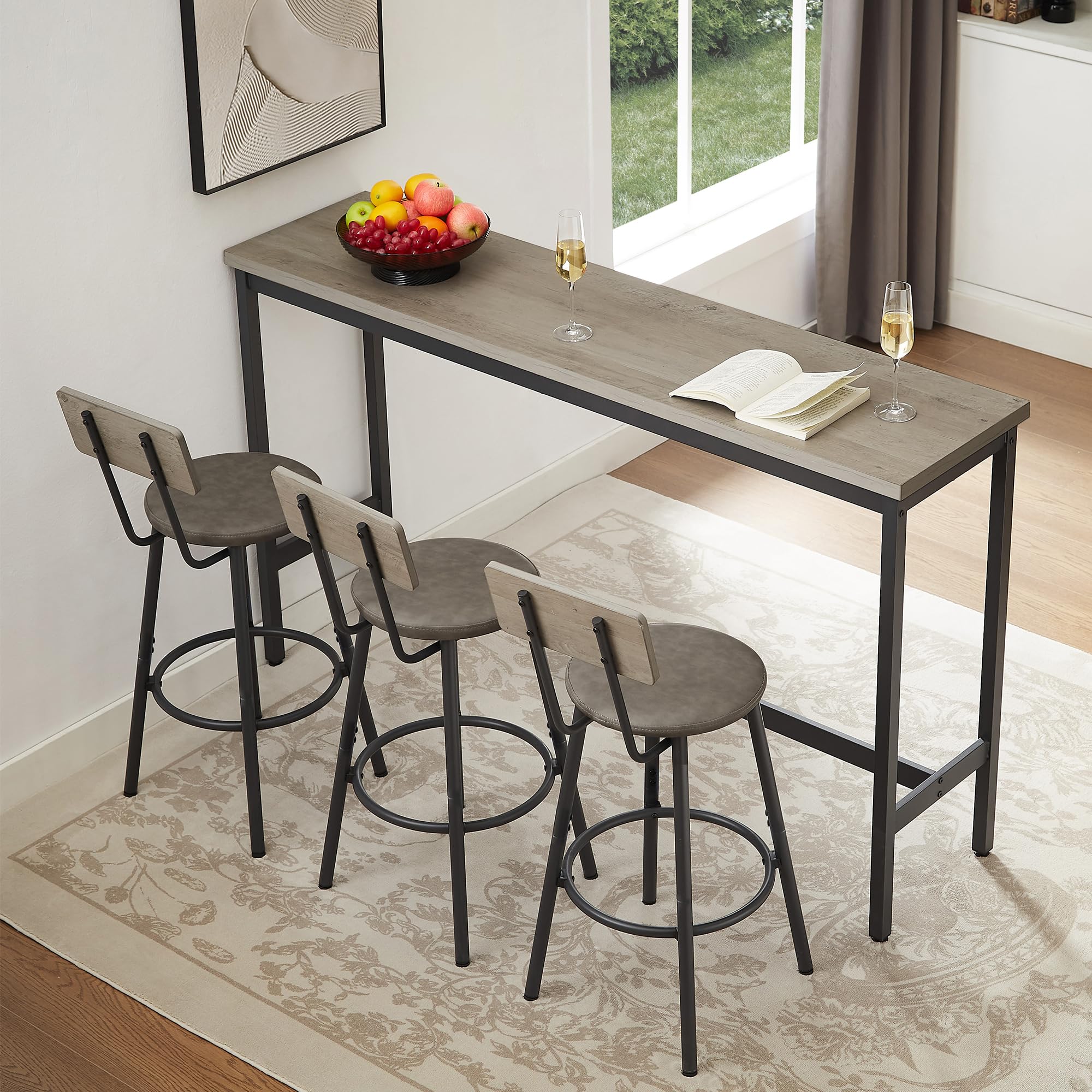 GNIXUU 4-Piece Industrial Bar Table Set with Sofa Table & 3 Upholstered Backrest Stools - Counter Height Dining Set for Small Spaces, Breakfast Nook, Living Room, Kitchen Island or Patio (Grey)