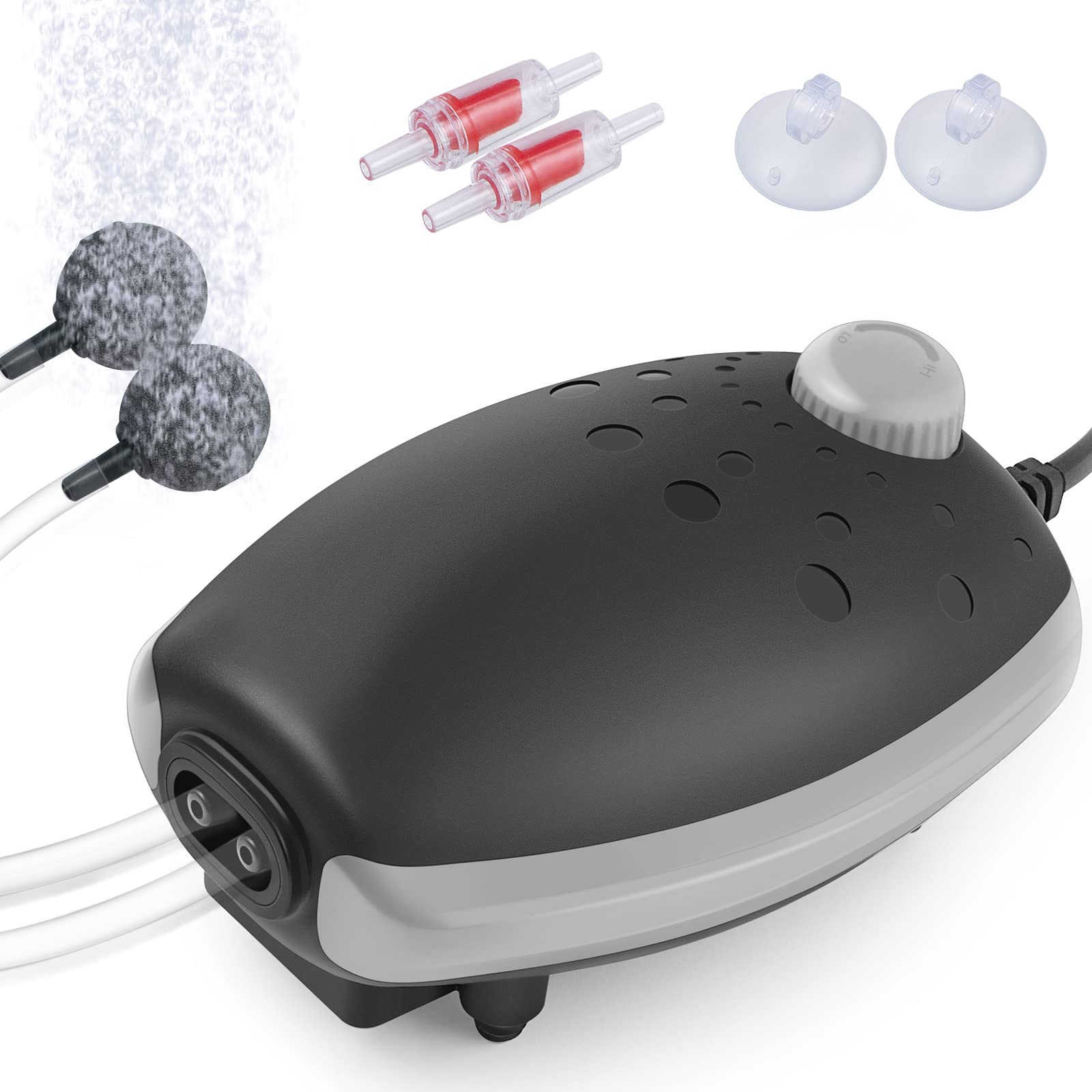 HITOP Silent Aquarium Air Pump with Accessories - Ultra Quiet Oxygen Pump for Fish Tank 30L to 400 Litres (Black-Gray) - Perfect for Home Aquariums, Fish Breeding & Hydroponic Systems