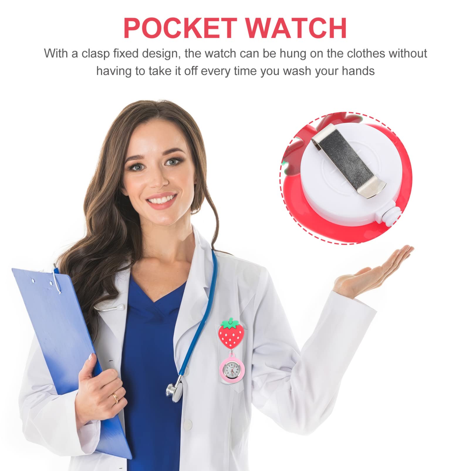 Hemobllo Retractable Pocket Watch - Cartoon Strawberry Design, Portable Hanging Lapel Watch for Doctors & Nurses (Ideal for Medical Professionals, Hospital Shifts & Clinical Use)