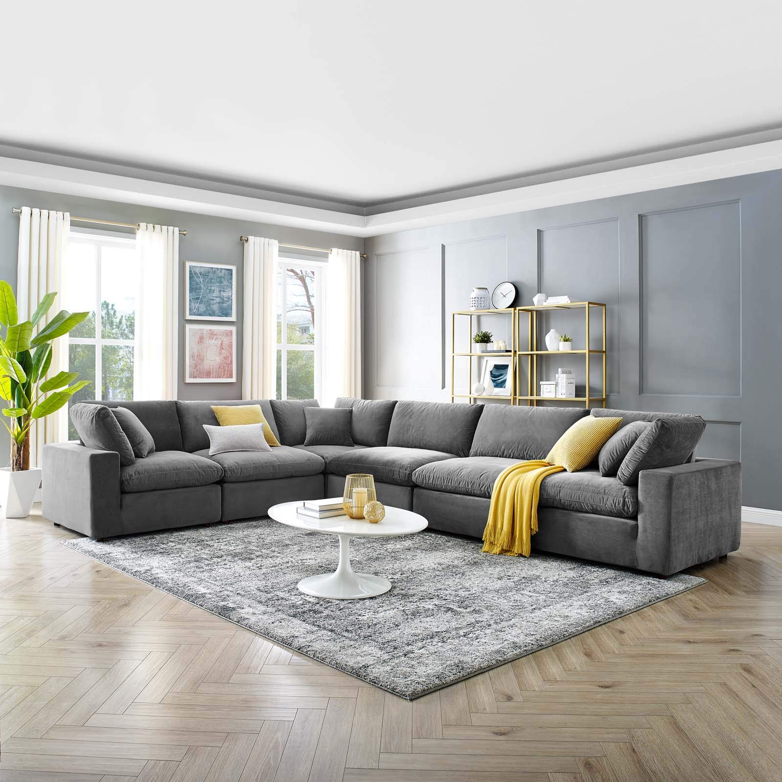 Modway Commix Down Filled Overstuffed Performance Velvet 6-Piece Sectional Sofa in Gray - Luxurious Comfort for Living Room, Family Room & Home Theater