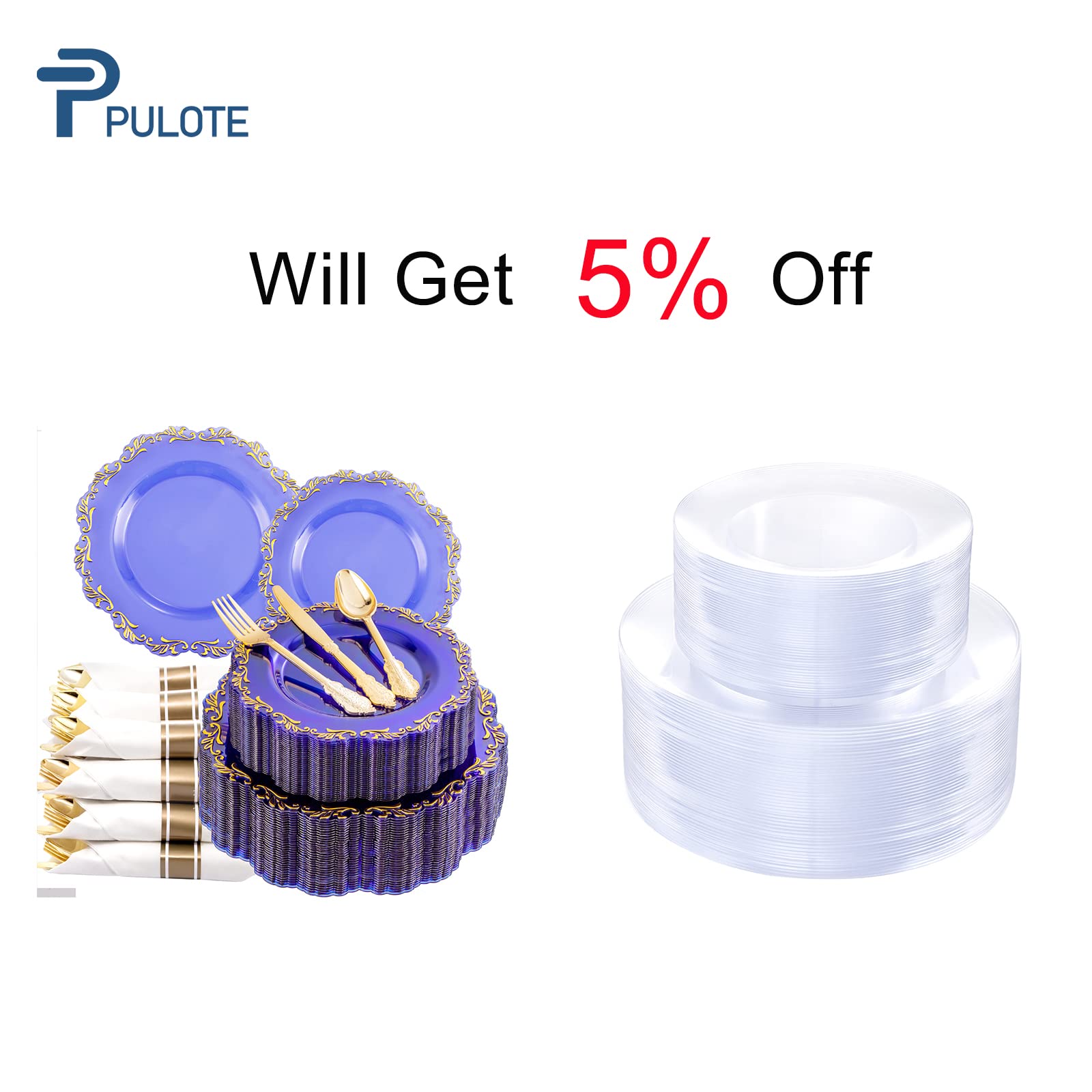 PULOTE 40-Pack Blue Plastic Plates for Parties - 100-Piece Clear Disposable Dinner Plates - Ideal for Birthday, Wedding, BBQ & Picnic Events