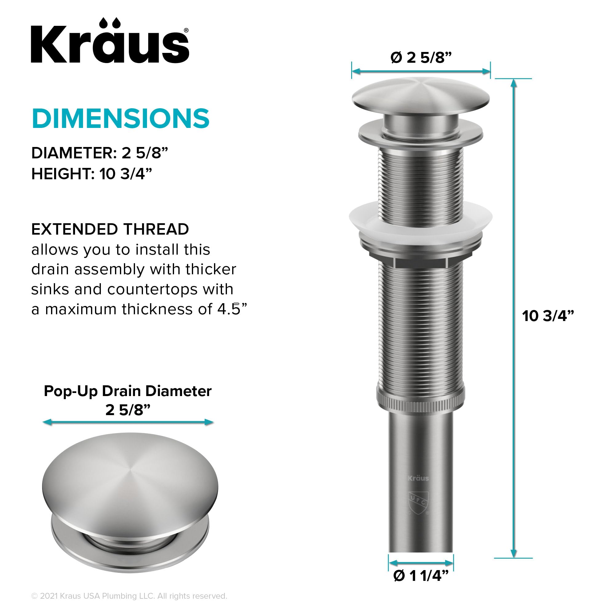 KRAUS PU-10SN Satin Nickel Pop-Up Bathroom Sink Drain - Modern & Durable Drain Stopper for Bathroom Vanity, Vessel Sinks, and Home Renovation Projects