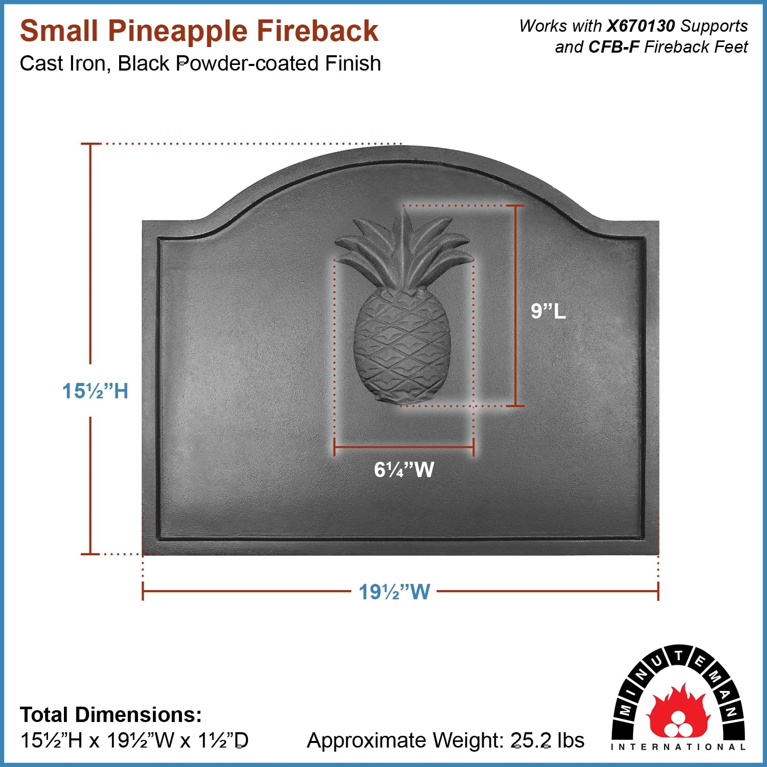 Small Pineapple Cast Iron Fireback - Decorative Fireplace Back Panel for Rustic & Traditional Home Decor - Perfect for Fireplace Protection & Heat Reflection in Living Rooms, Bedrooms, and Cabins