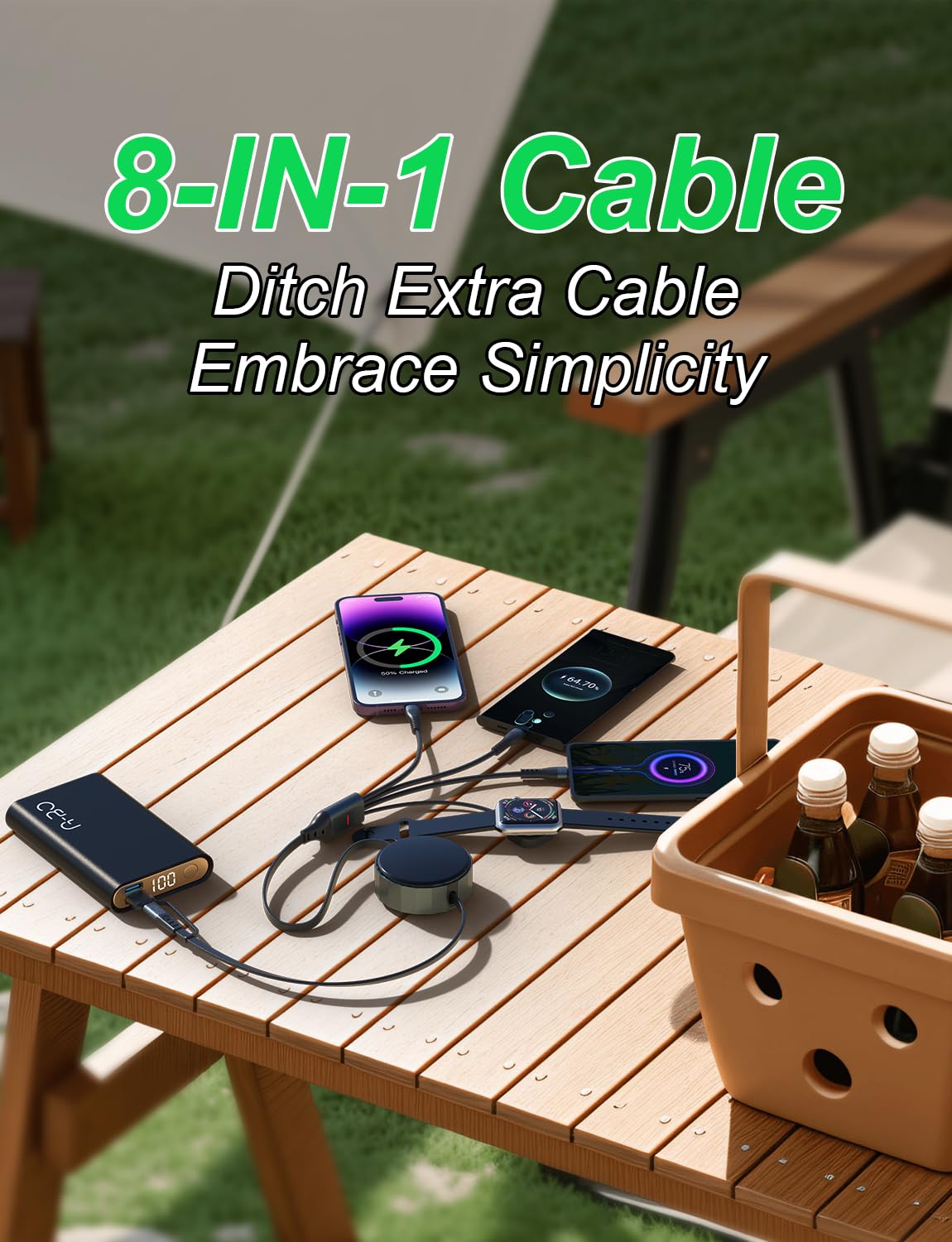 100W 4-in-1 Retractable Charging Cable for Apple Watch, iPhone & Android - USB C/Lightning/Micro Charger for iPad, Tablet, Laptop | Perfect for Travel, Office & Home Use