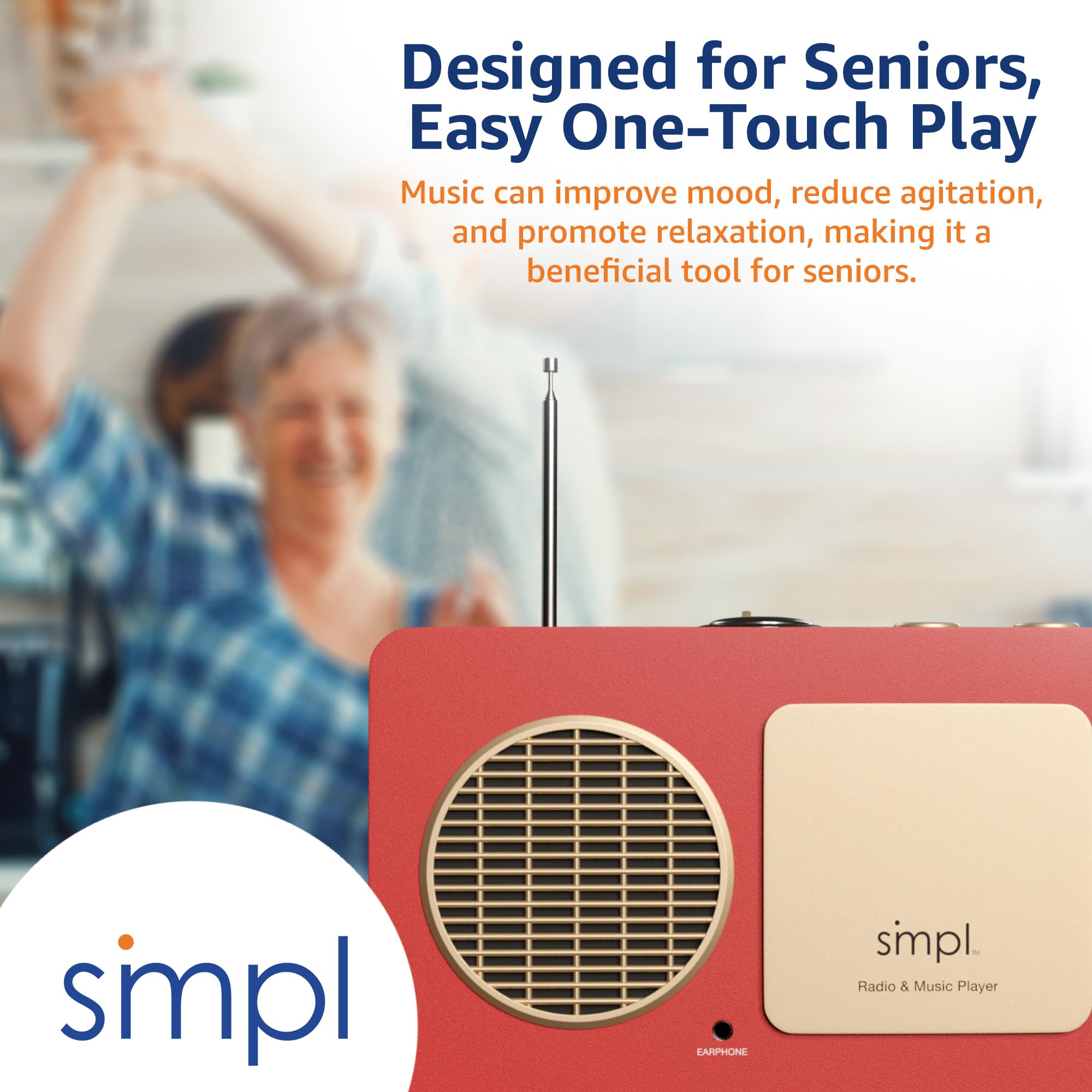 Easy One-Touch Music Player & Radio for Seniors - MP3 Player with Audiobooks, 8GB USB Preloaded with 75 Classic Songs, Durable Wooden Retro Design - Perfect for Elderly Care, Nursing Homes & Memory Therapy (Red)