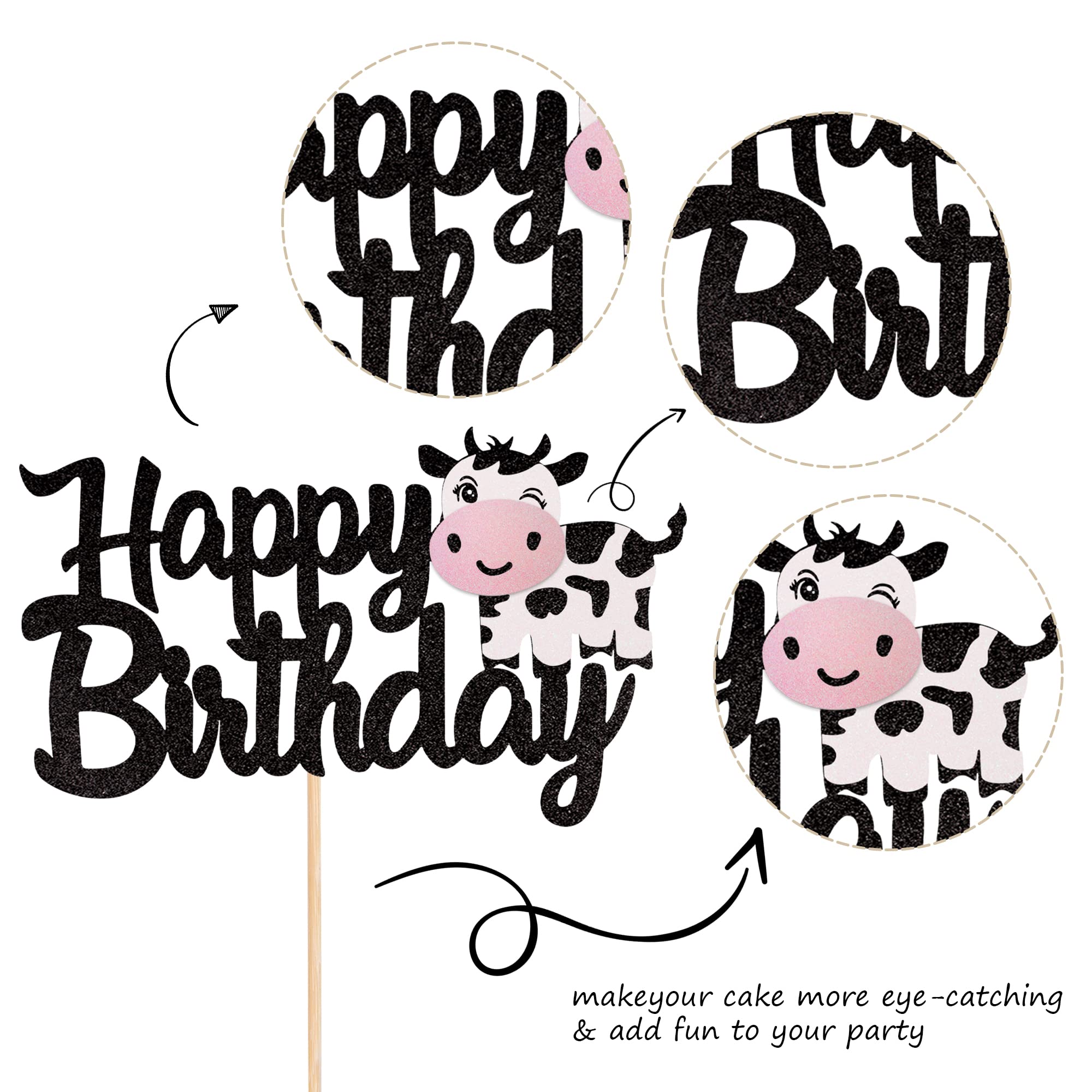 1 PCS Cow Happy Birthday Cake Topper - Glitter Farm Animal Cake Decor for Cow Theme Baby Shower, Kids 1st Birthday Party - Perfect for Boys & Girls Birthday Cakes, Cupcakes and Dessert Table Decorations