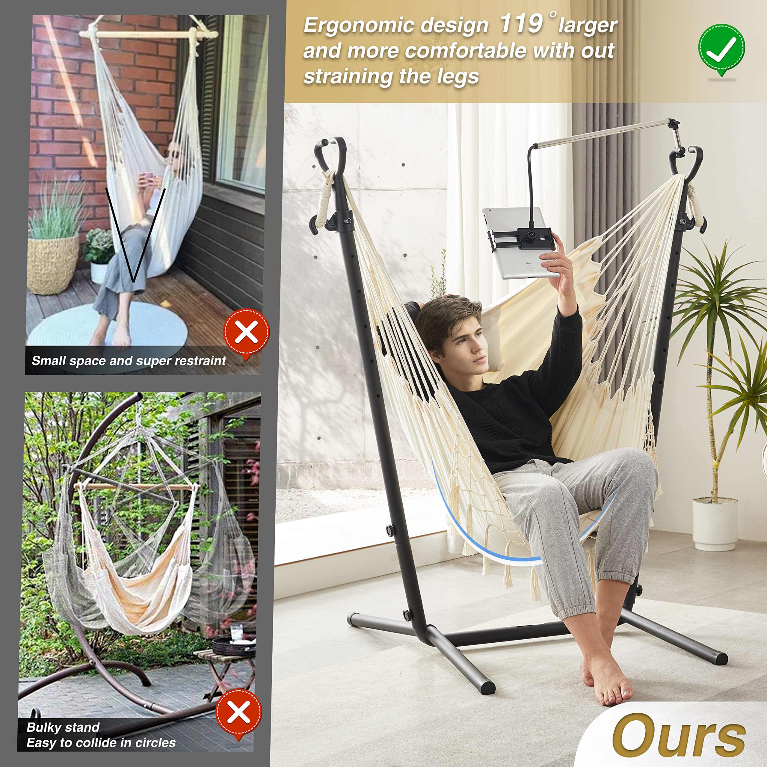 Hanging Hammock Chair with Stand - Adjustable Swing Chair for Indoor & Outdoor Use - Includes Phone Holder & Pillow - Perfect for Bedroom, Patio, Garden Relaxation (Beige)