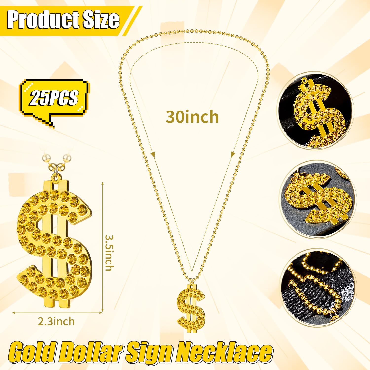 Gold Dollar Sign Necklace - Fake Money Chain Jewelry for Men | Hip Hop Rapper Costume Accessories | Mardi Gras Party Bling | Perfect for Concerts, Halloween & Streetwear Fashion