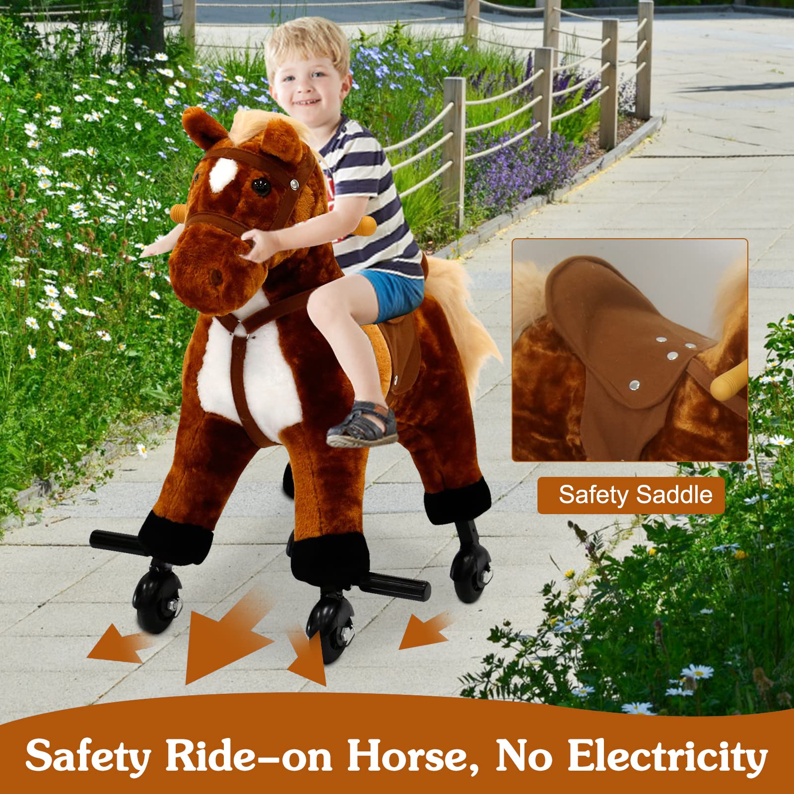 Kids Ride On Horse Toy with Rolling Wheels & Sound - Mechanical Walking Pony for Children Ages 3-6 | Interactive Pretend Play Toy for Indoor & Outdoor Fun