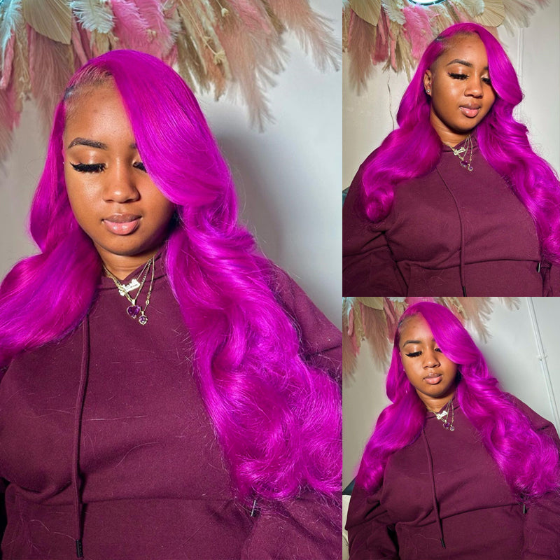 Eullair Fuchsia Pink Straight Human Hair Wig - Rose Red Body Wave Lace Frontal Wig for Women (EW001) | Perfect for Cosplay, Parties & Daily Wear