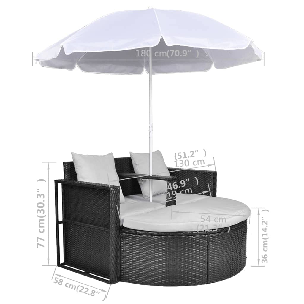SKM Black Poly Rattan Patio Bed with Parasol - Perfect for Outdoor Lounging, Poolside Relaxation, and Garden Sunbathing