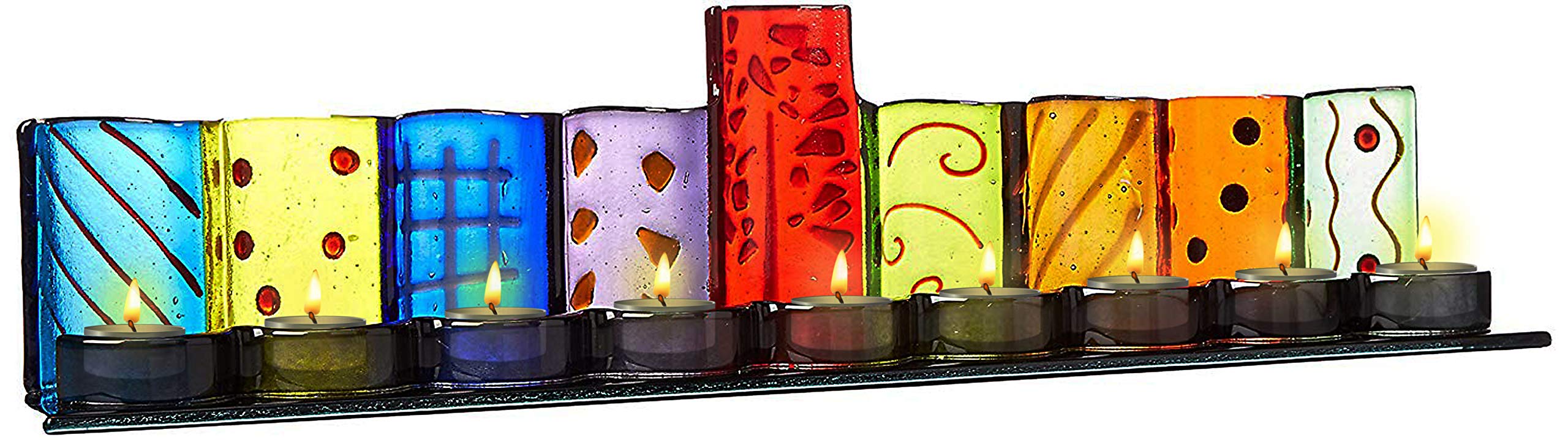 Handcrafted Colorful Painted Glass Hanukkah Menorah for Tealight Candles - XL Size Jewish Holiday Decoration - Perfect for Home, Synagogue & Hanukkah Celebrations