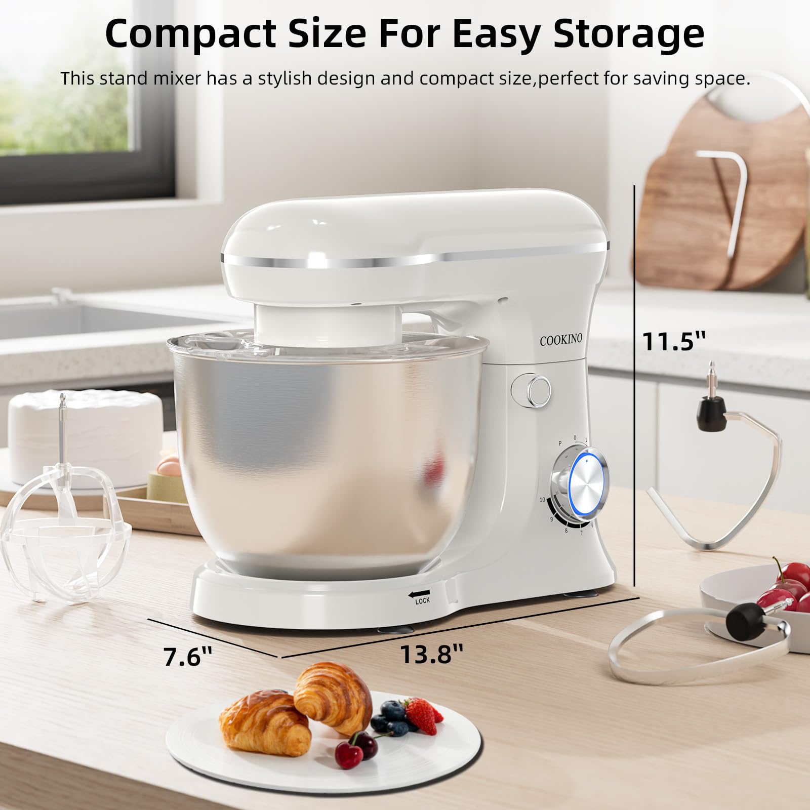 660W Electric Stand Mixer - 10 Speed Tilt-Head Kitchen Mixer with 6.5 QT Bowl, Dough Hook, Beater & Whisk (Almond Cream) - Perfect for Baking Cakes, Cookies, Bread & More