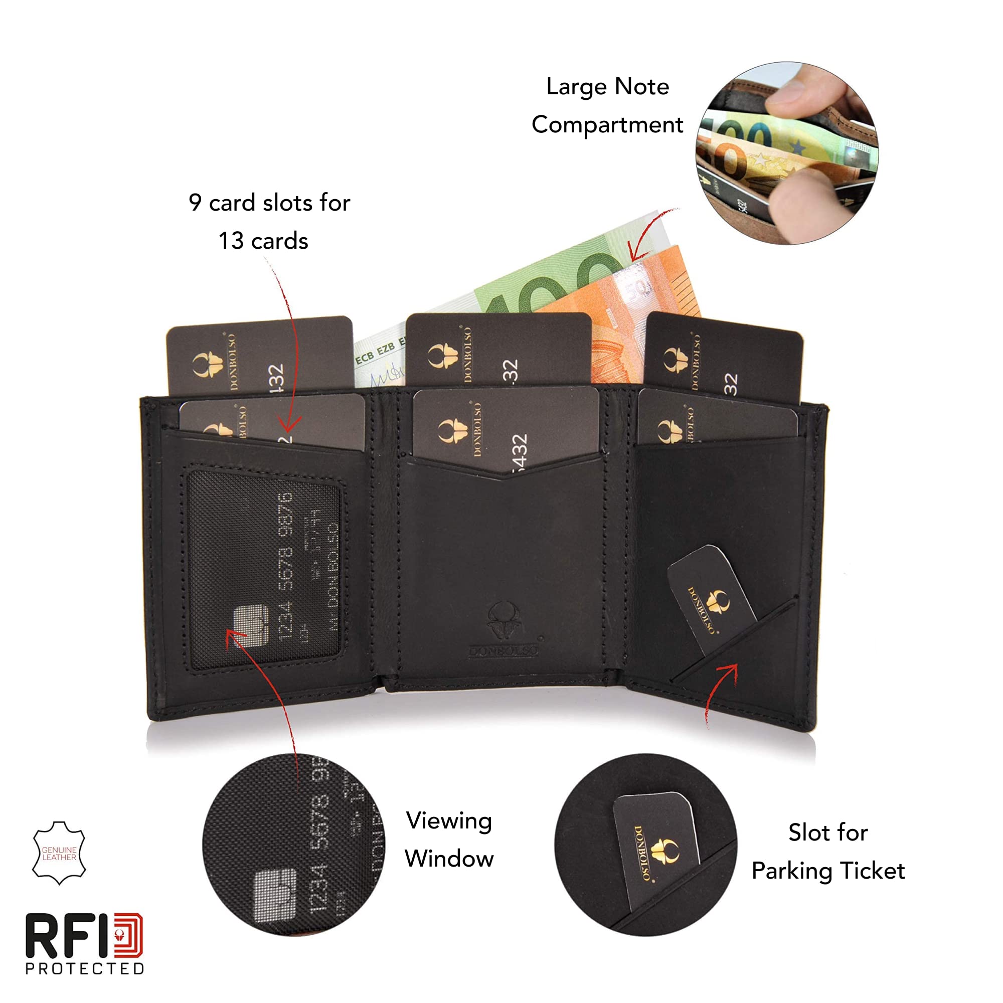 DONBOLSO Slim RFID Blocking Wallet for Men & Women - Genuine Leather Credit Card Holder with 9 Slots (Holds 13 Cards) - Vintage Black - Perfect for Travel, Business & Everyday Use
