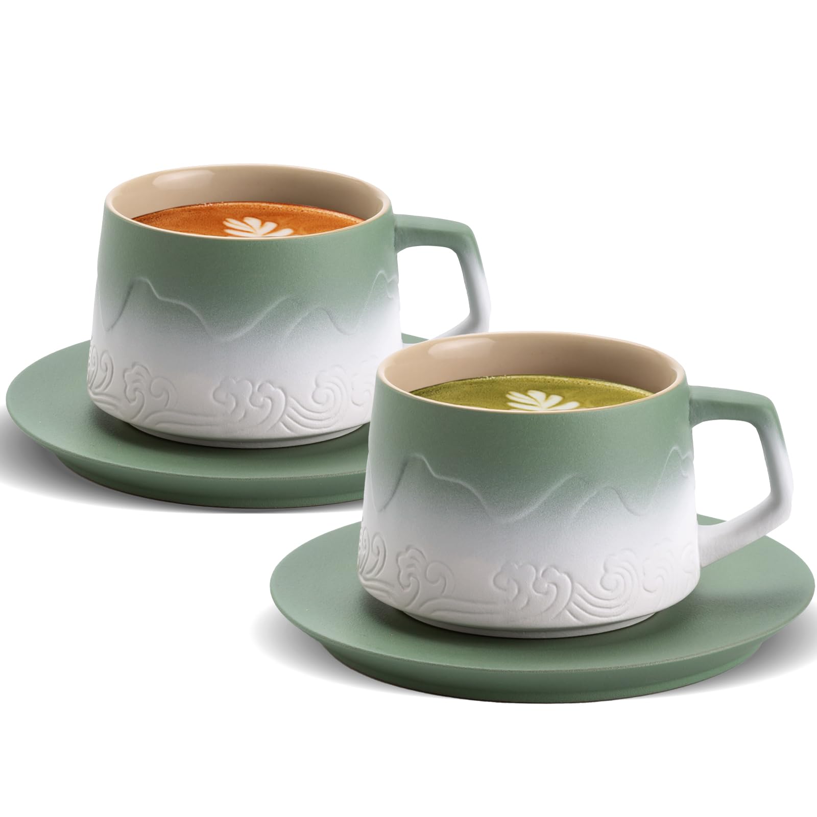 Premium 8oz Ceramic Cappuccino Cups Set of 2 with Saucers - Artistic Embossed Design for Latte Art, Perfect for Espresso, Au Lait, Matcha Tea - Moss Green & White Coffee Mugs - Ideal for Home Cafes, Gifts & Coffee Shops