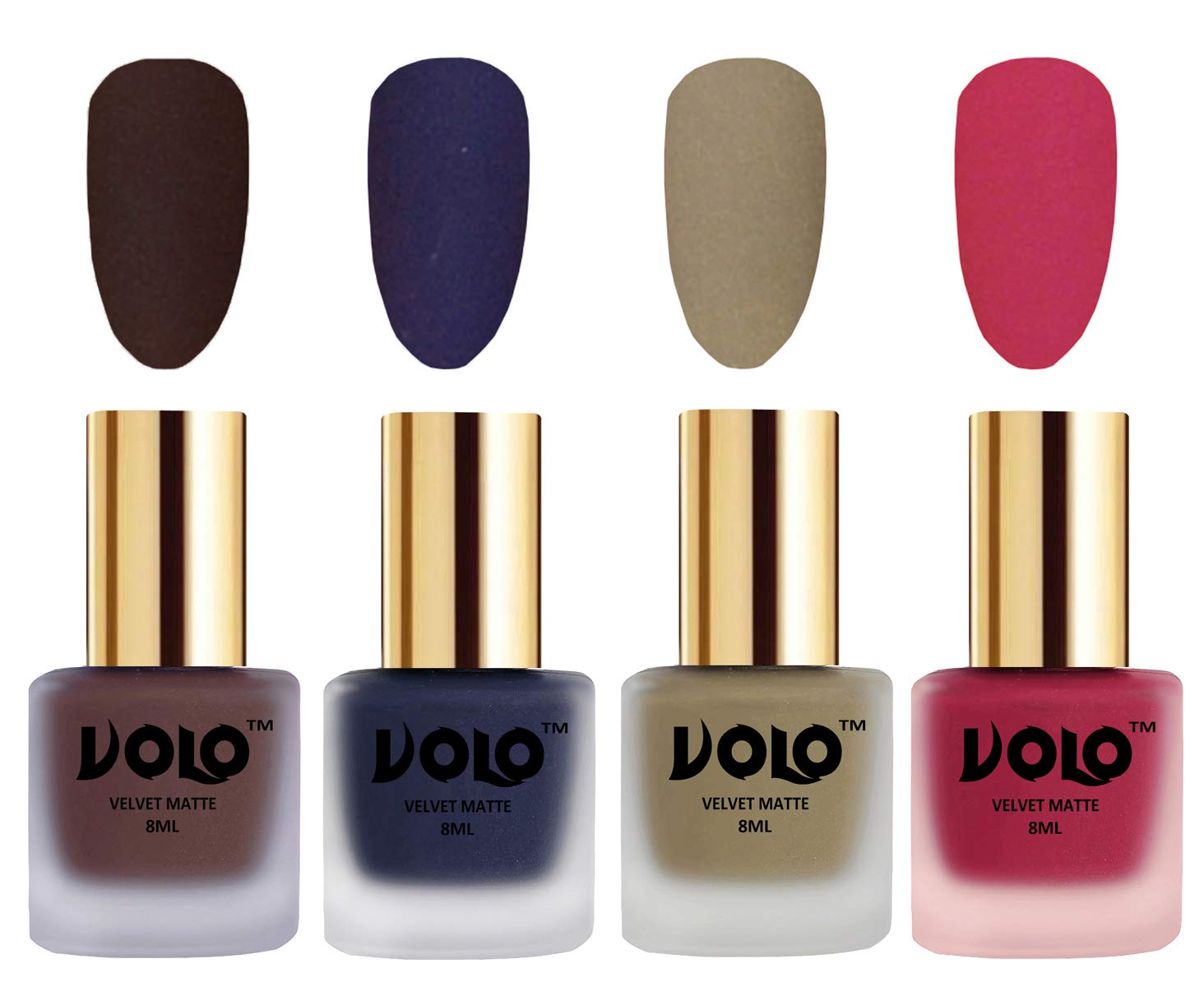 Volo Velvet Matte Nail Polish Set - Pack of 4 (Chocolate Brown, Navy Blue, Sand Nude, Passion Pink) | Long-Lasting & Non-Toxic | Perfect for Parties, Weddings & Everyday Wear