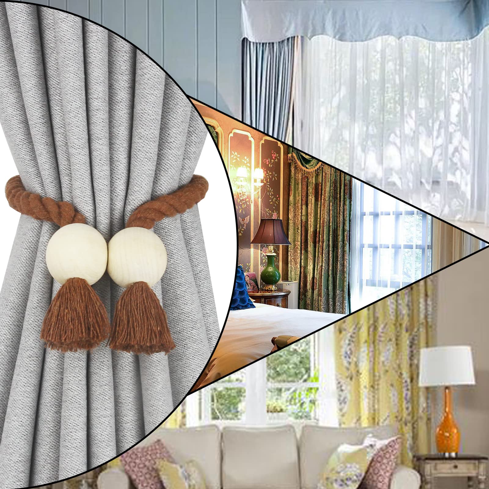 2 Pack Magnetic Curtain Tiebacks - Hand Woven Cotton Decorative Rope Holdbacks for Drapes & Curtains, No Tools Required, Khaki - Perfect for Living Room, Bedroom & Window Decor