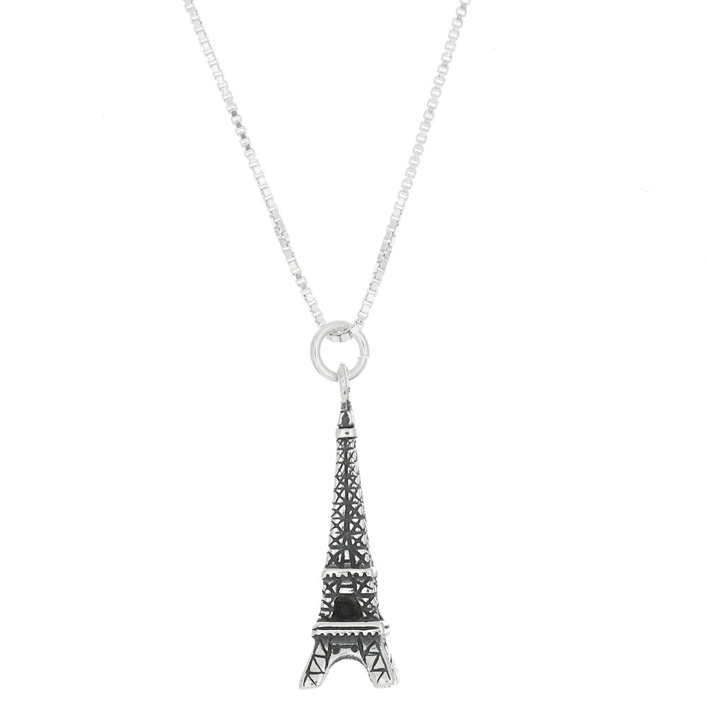 Sterling Silver Oxidized Eiffel Tower Charm Necklace with Box Chain - Elegant Parisian Jewelry for Women, Perfect Gift for Travel Lovers & Francophiles