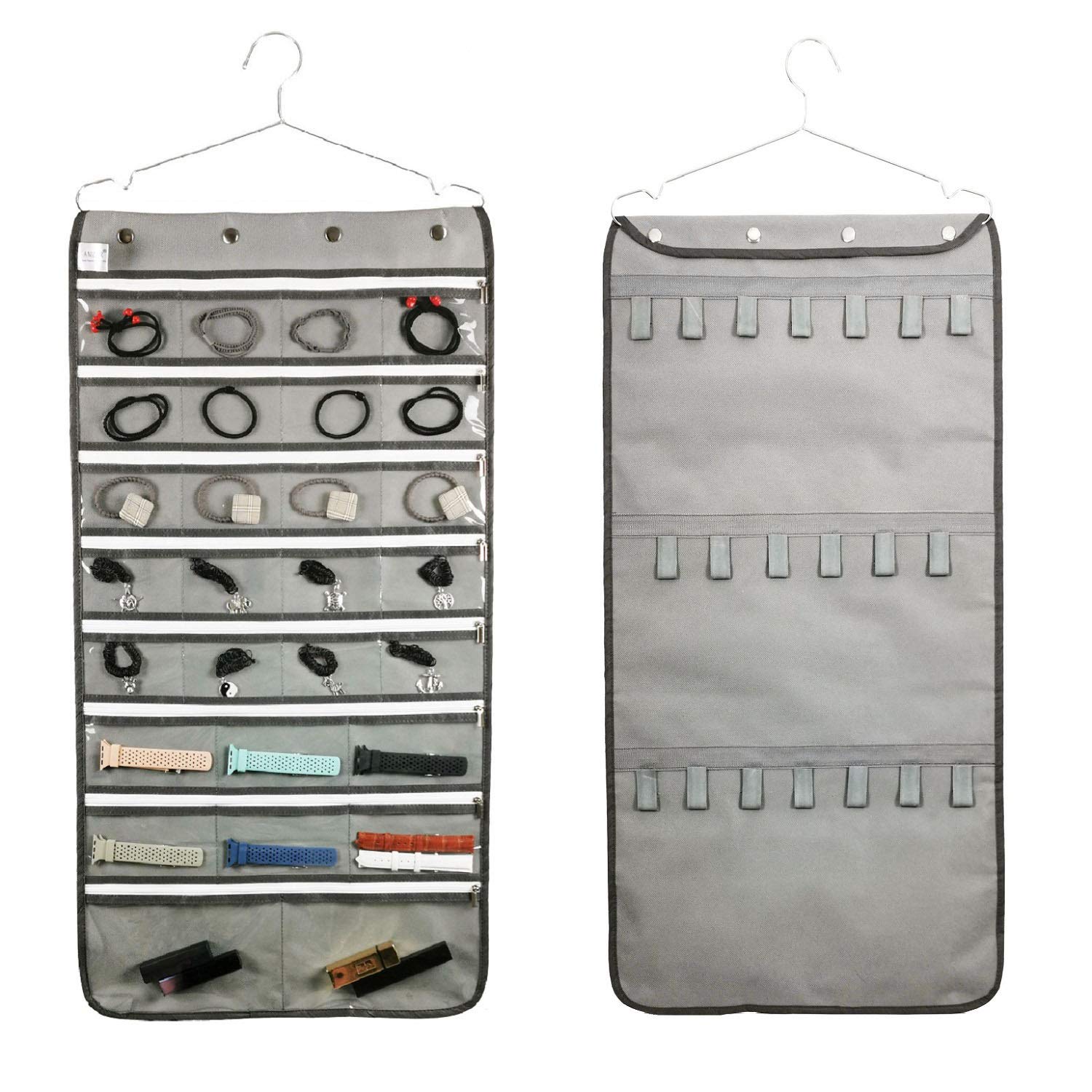 Dual-Sided Zippered Jewelry Organizer with Hanger - 28 Clear Pockets & 20 Tape Loops - Perfect for Travel, Home & Closet Storage (Grey)