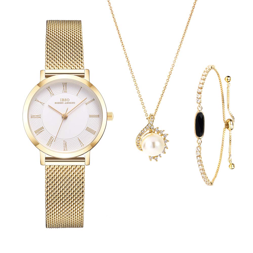 Elegant Women's Watch Set with Quartz Movement - Stainless Steel Band & Mesh Bracelet Jewelry Gift for Valentine's Day, Birthday, Anniversary | Perfect for Daily Wear, Office, Date Night & Special Occasions
