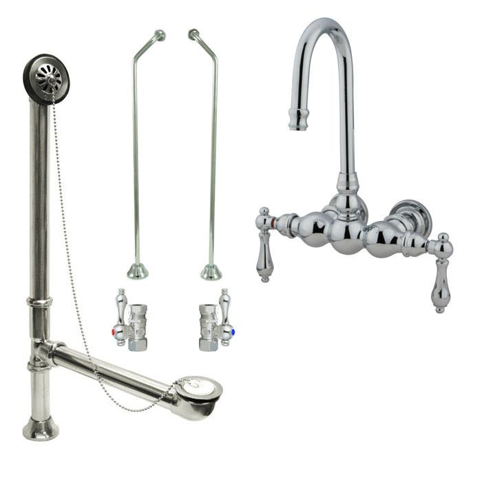 Chrome Wall Mount Clawfoot Tub Faucet Set with Drain Supplies & Stops - CC2T1 System | Vintage Bathroom Fixture for Classic & Modern Homes