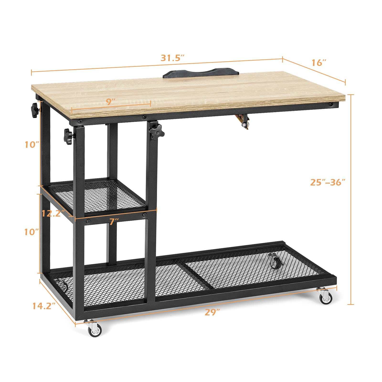 Tangkula Adjustable Height C-Shaped End Table with Lockable Wheels - Mobile Sofa Desk, Tiltable Tabletop, Storage Shelves - Perfect for Living Room, Bedside, Office & Snack Table