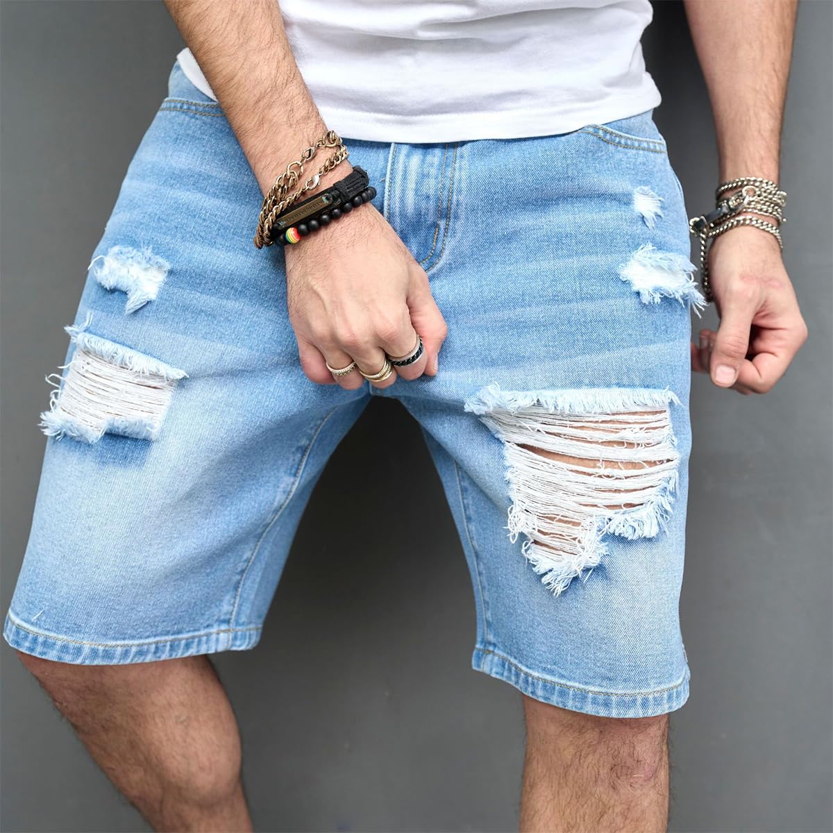 Kinghua Men's Ripped Distressed Loose Fit Straight Leg Denim Jean Shorts - Comfortable Casual Summer Wear for Outdoor Activities and Street Style