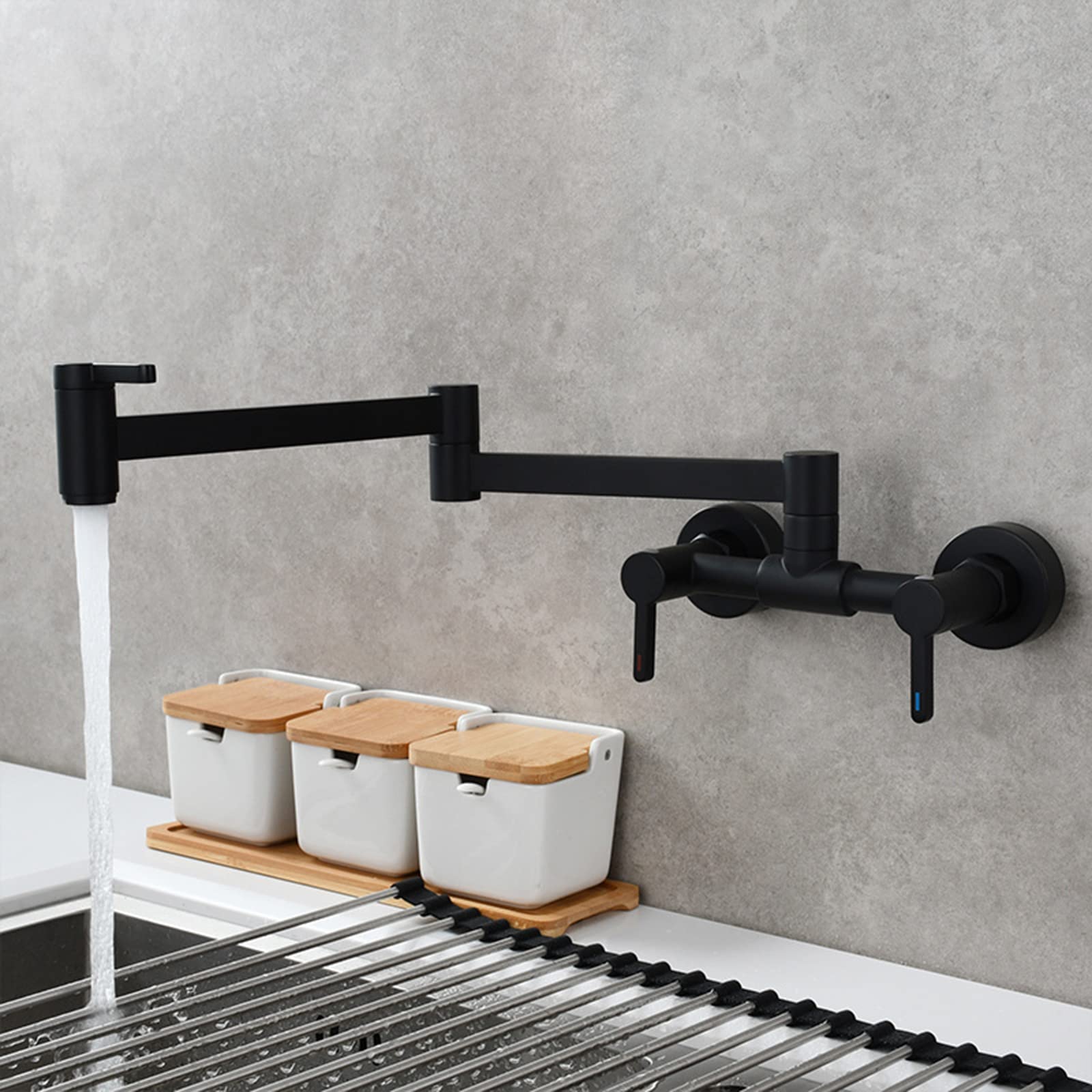 360° Swivel Folding Pot Filler Faucet - Brass Hot & Cold Kitchen Mixer Tap with 3 Handles - 2 Hole Wall Mounted Sink Faucet in Brushed Nickel - Perfect for Cooking, Baking & Filling Large Pots