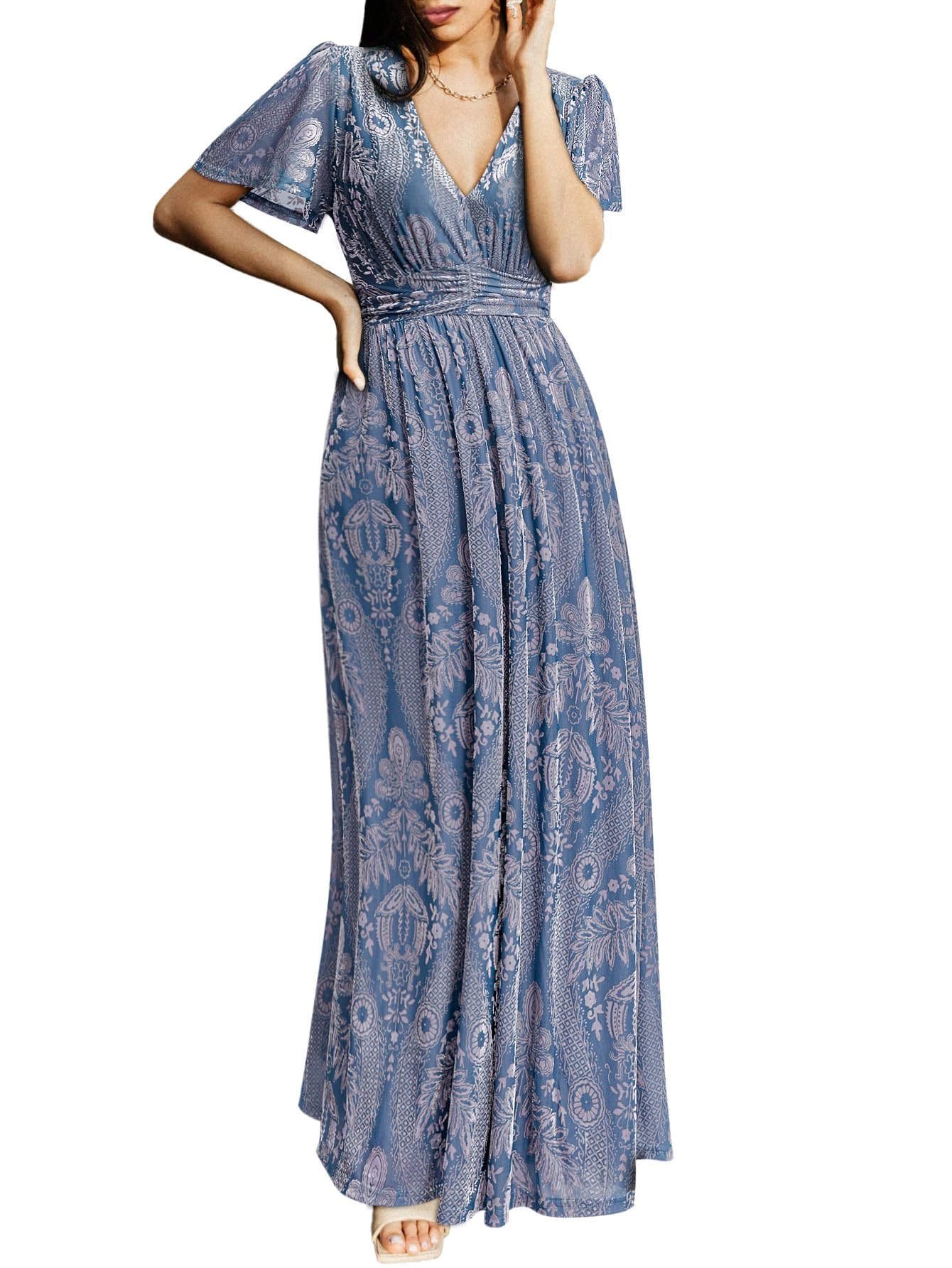 **Boho Floral Maxi Dress for Women - Flowy Casual V-Neck Short Sleeve Long Dress for Wedding Guest, Holiday & Beach**    **Perfect for Summer Vacations, Beach Getaways, and Special Occasions**