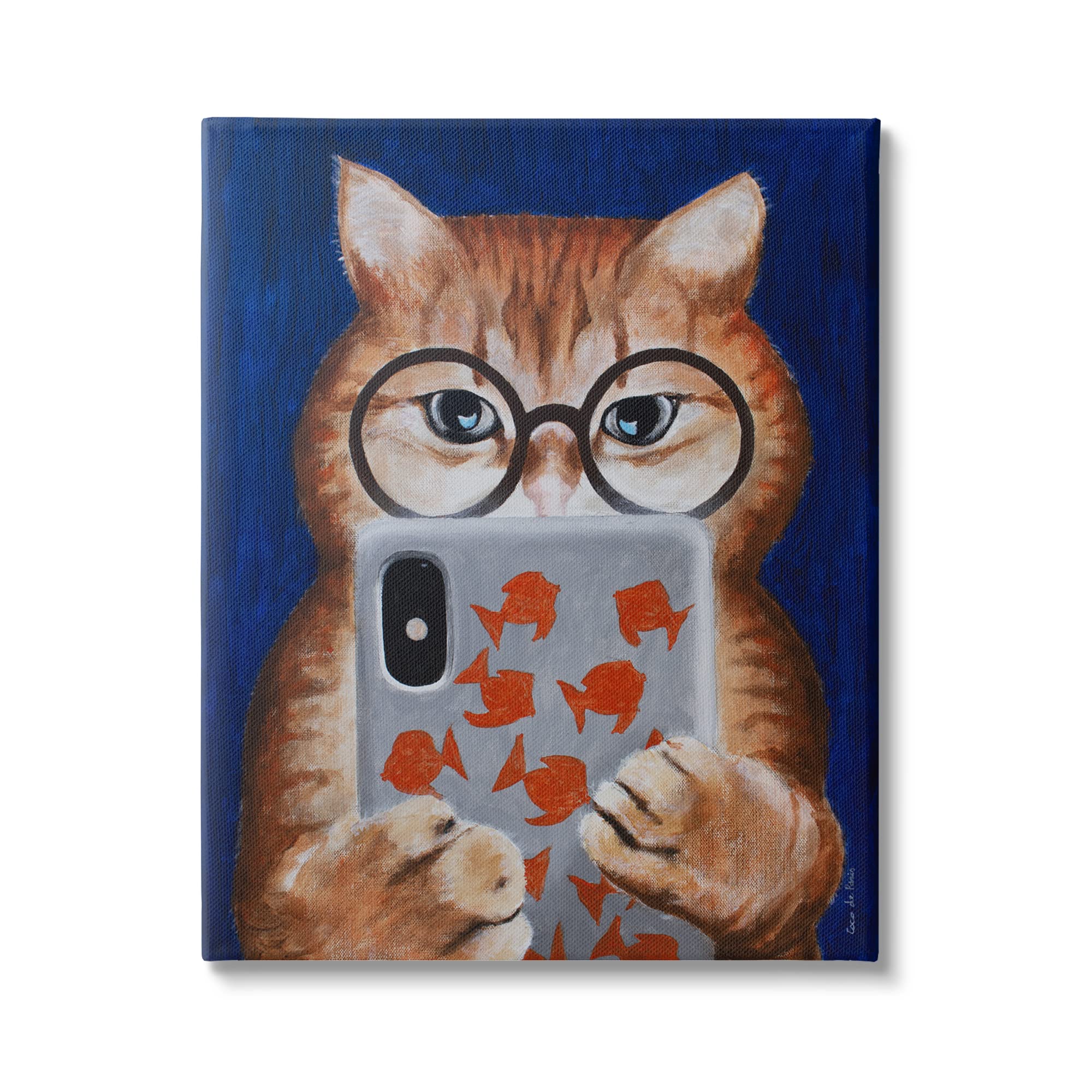 Stupell Industries Funny Cat Illustration - Texting with Glasses by Coco de Paris | Whimsical Wall Art for Living Room, Bedroom & Office Decor
