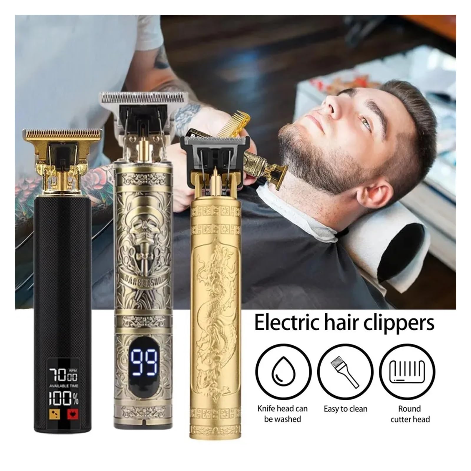Professional Wireless Electric Hair Trimmer for Men - LCD Digital Display Beard & Hair Clipper with Skull Design - Perfect for Home Barbering, Beard Grooming & Personal Hair Cutting