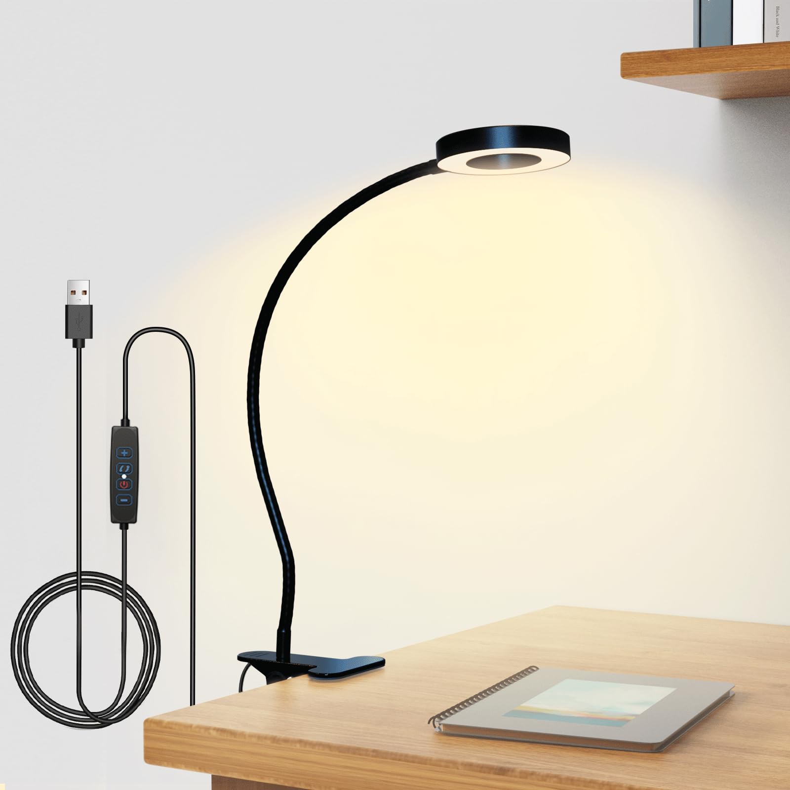 Adjustable Clip On Desk Lamp with Clamp - 360° Swivel Reading Light for Home Office, Bed Headboard & Nightstand - 10 Dimmable Brightness Levels & 3 Eye-Care Modes - Perfect for Studying, Working & Bedtime Reading