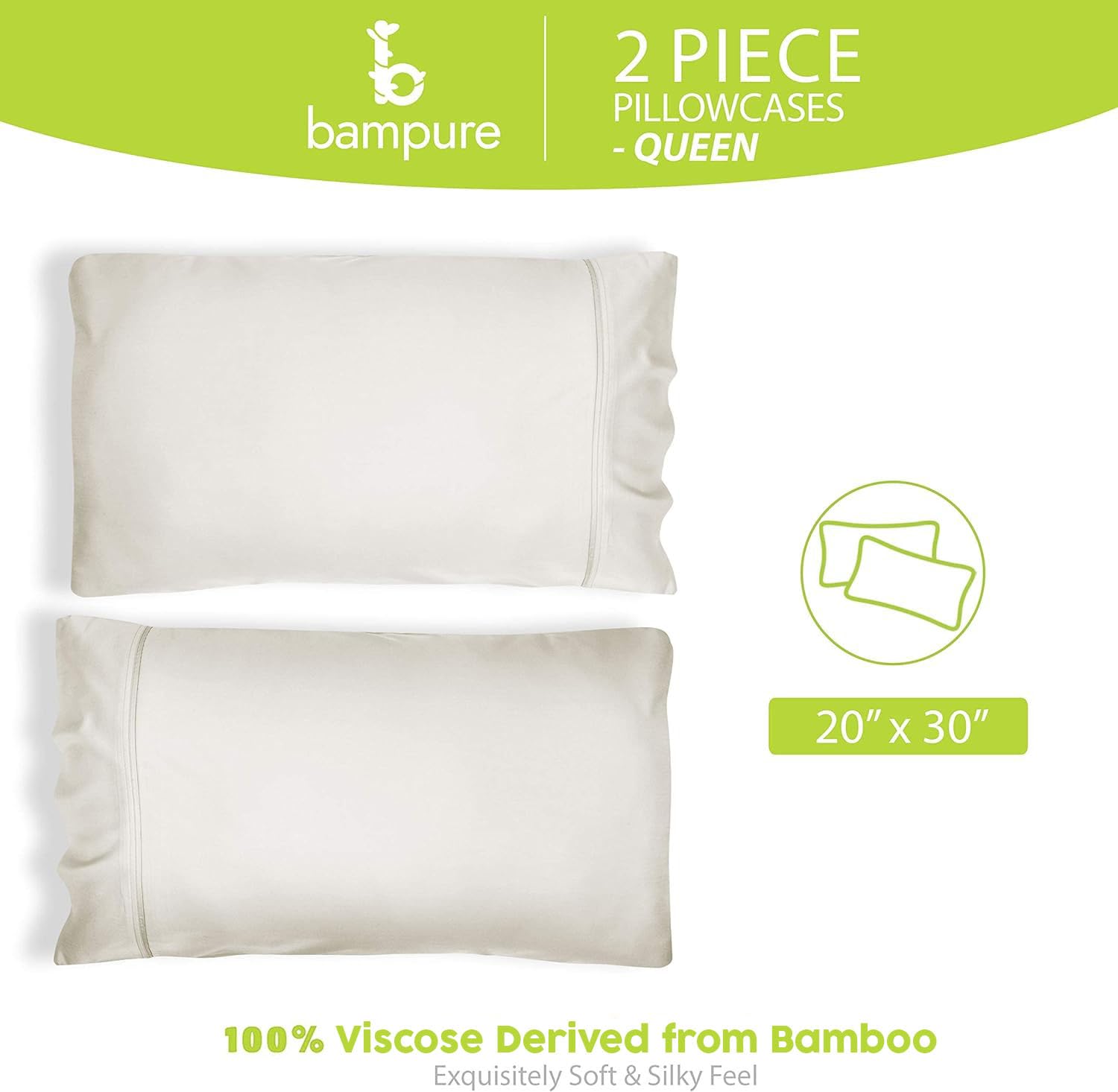 BAMPURE Queen Size Cooling Pillowcase Set of 2 - 100% Bamboo Viscose for Hot Sleepers - Breathable & Moisture Wicking - Envelope Closure - Ultra Soft (20x30 Inches, Ivory) | Perfect for Summer Nights, Hot Flashes & Night Sweats Relief