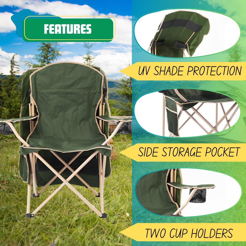 EZONE Folding Canopy Camp Chair - Portable Outdoor Shade Chair for Camping, Beach, Pool, Tailgating & Travel - UPGRADED Sunshade Lawn Chair with Adjustable Canopy (Olive Green) - Perfect for Picnics, Backyard Relaxation & Outdoor Adventures