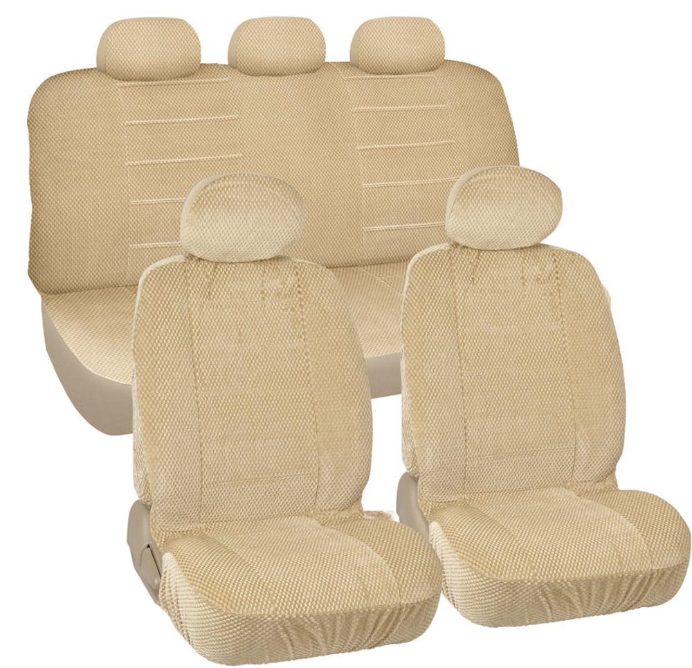 BDK CozySeats Premium Scottsdale Fabric Car Seat Covers Full Set (Front & Rear) - Tan Beige - Universal Fit for Most Vehicles - Protect & Upgrade Your Car Interior - Perfect for Daily Commute, Road Trips & Family Travel