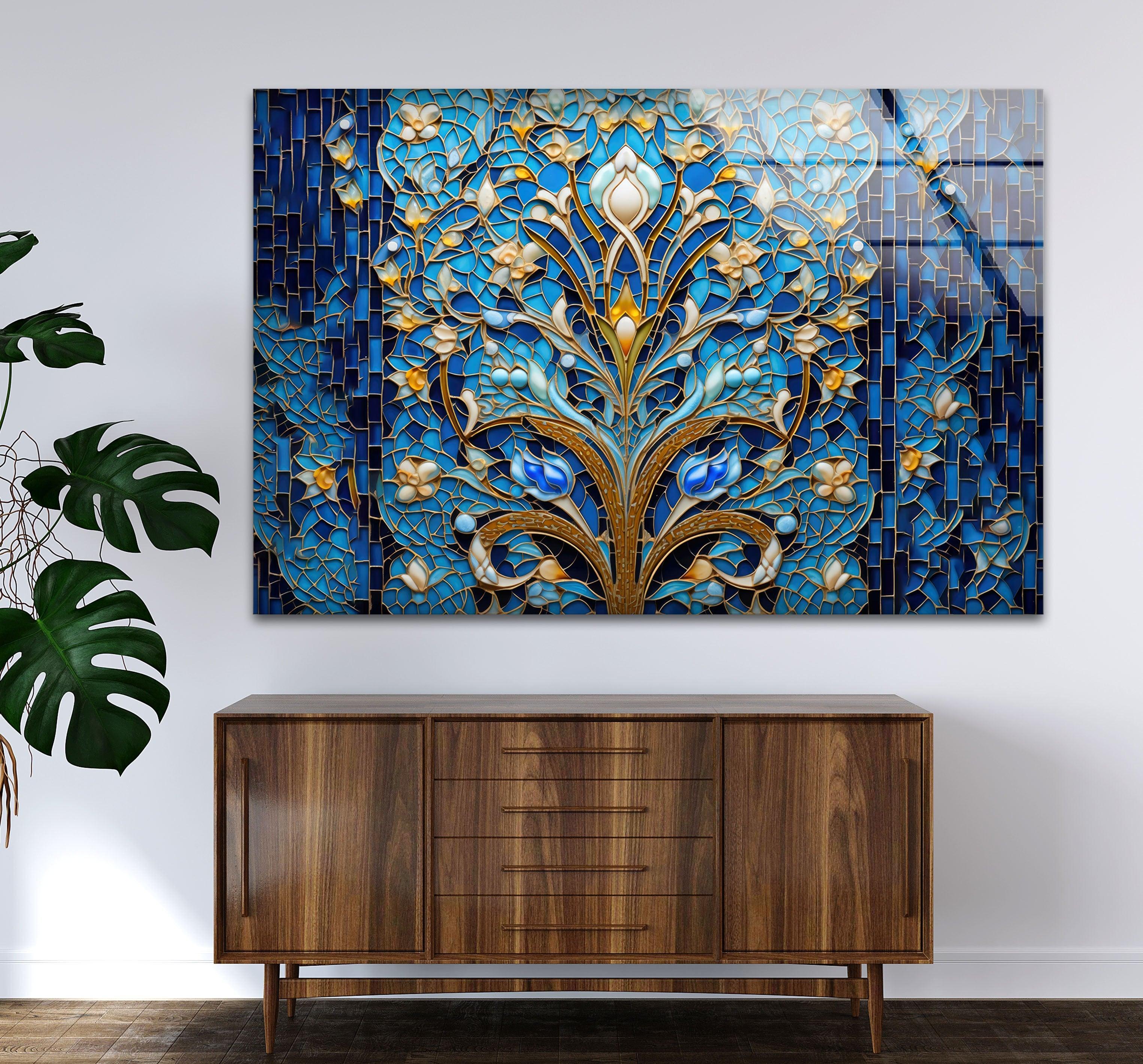 Handmade Blue Mosaic Stained Glass Wall Art - Elegant Home Decor for Living Room, Bedroom & Office - Perfect Gift for Housewarming & Wedding